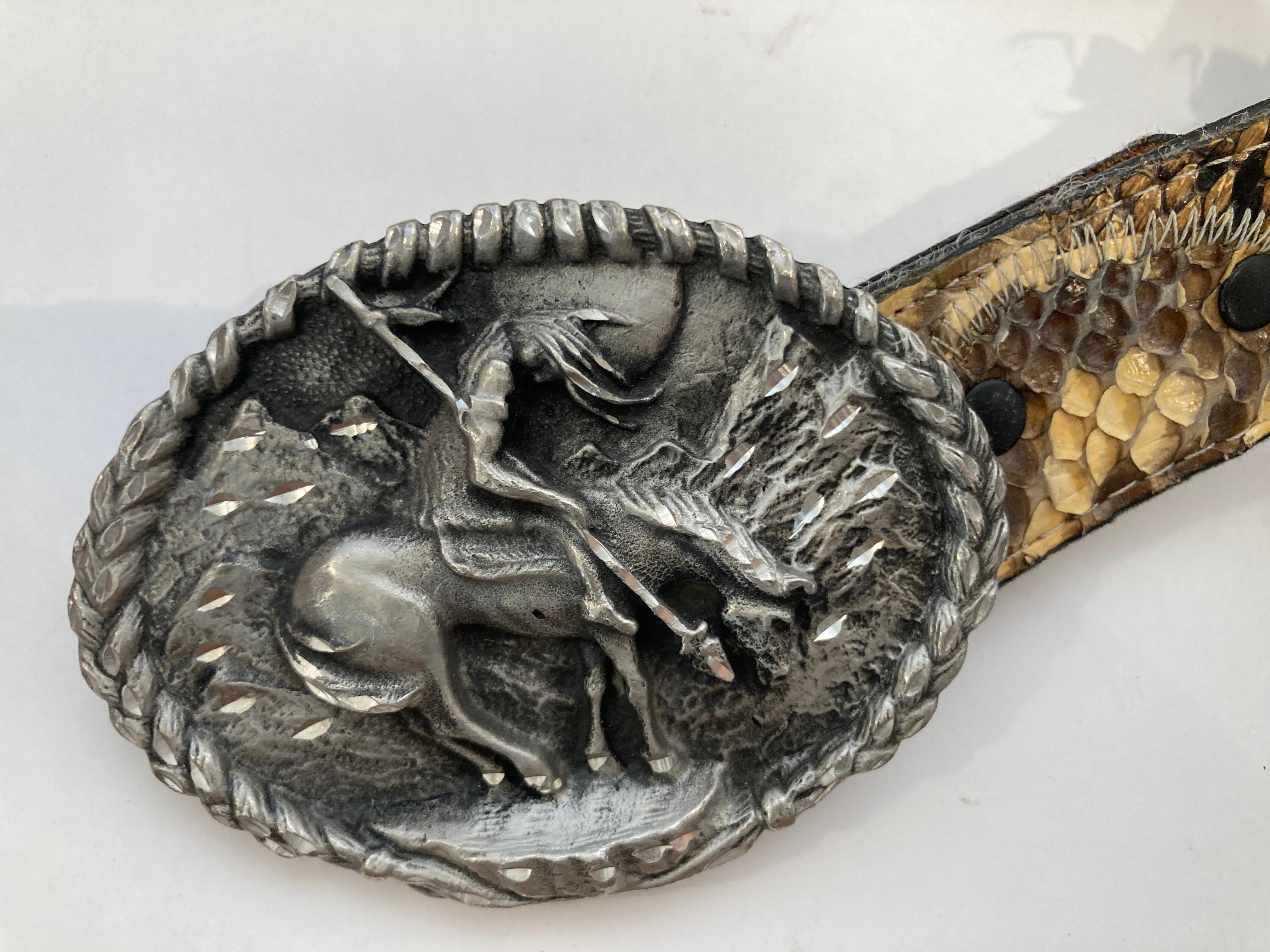 Vintage Cowboy Buckle End of the Trail Native American with Python Leather Belt 6