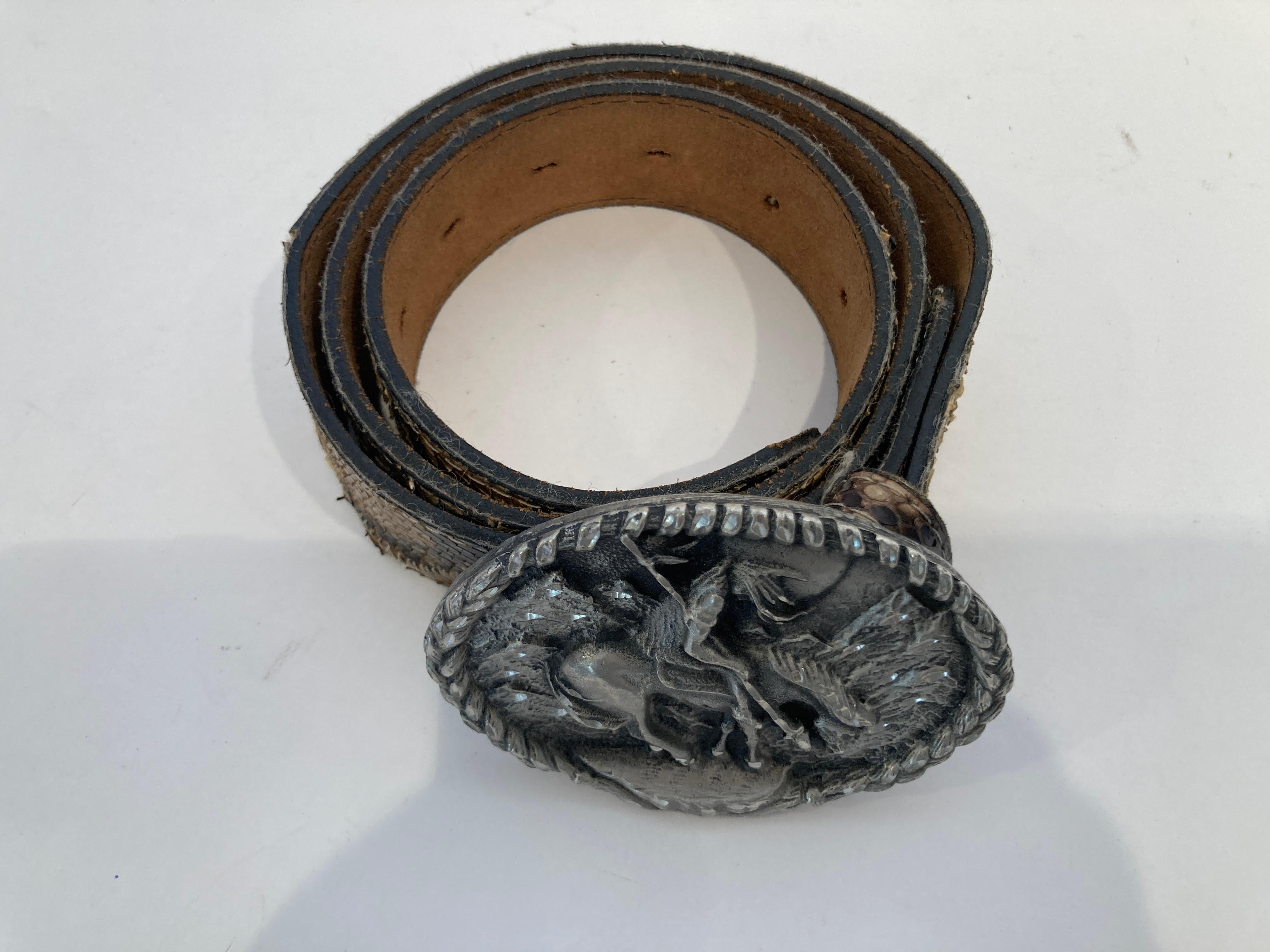 Gray Vintage Cowboy Buckle End of the Trail Native American with Python Leather Belt