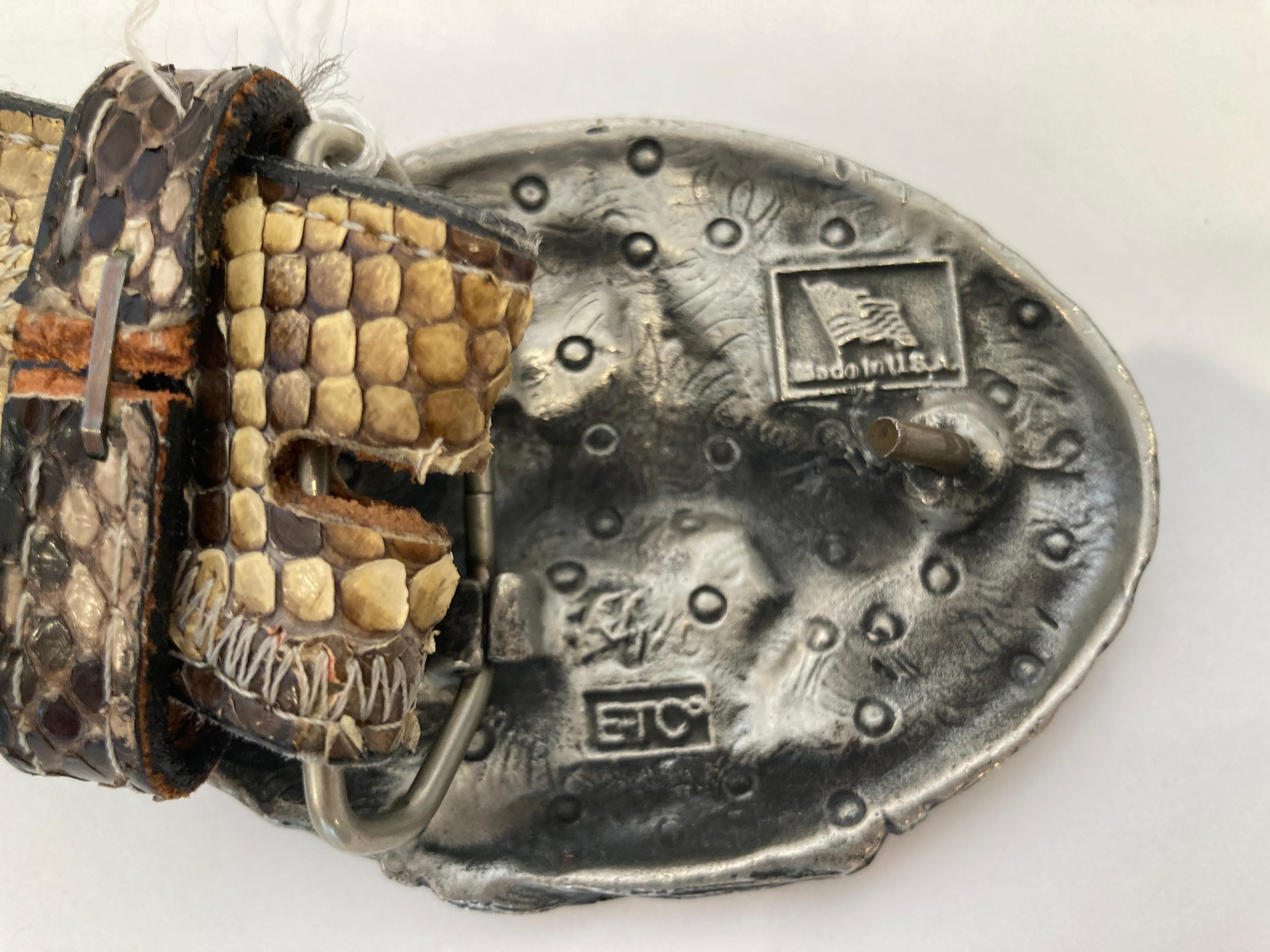 Vintage Cowboy Buckle End of the Trail Native American with Python Leather Belt In Good Condition In North Hollywood, CA
