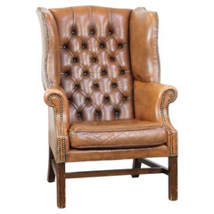Fauteuil Chesterfield anglais vintage en cuir de vache, couleur cognac clair