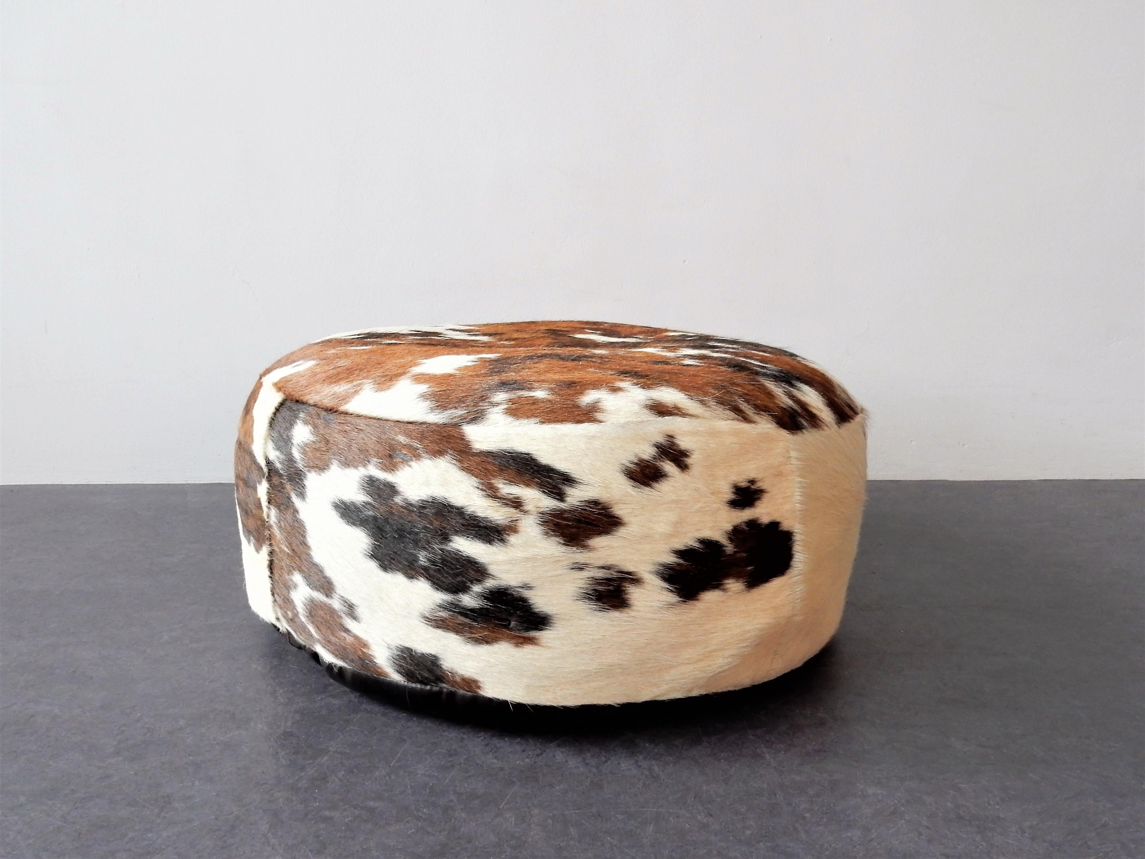 Mid-Century Modern Vintage Cowhide Leather Pouf, 1970s