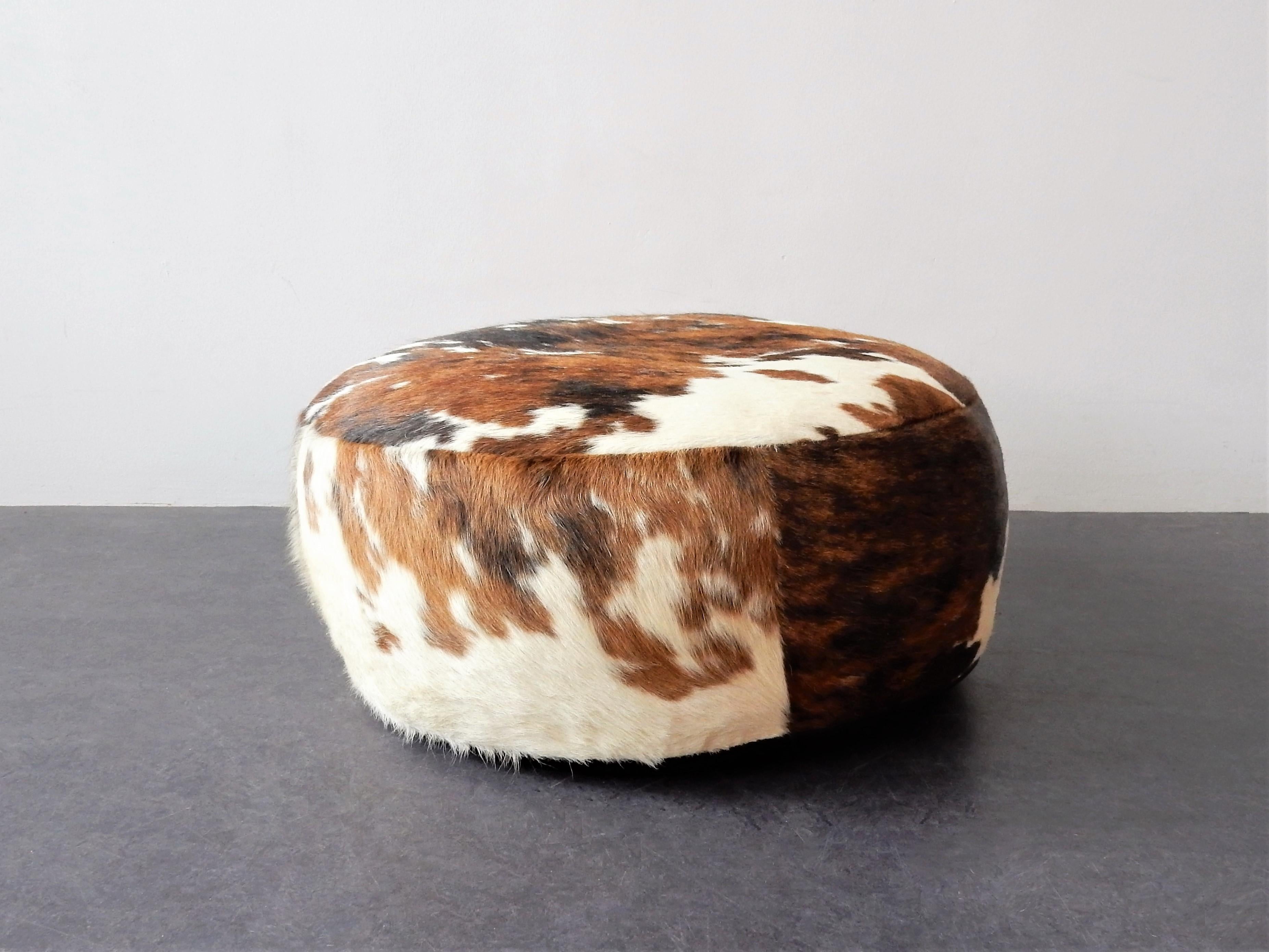 European Vintage Cowhide Leather Pouf, 1970s