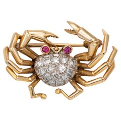 Vintage Crab Brooch Diamond 14k Yellow Gold Cancer Zodiac Pin Ocean Jewelry