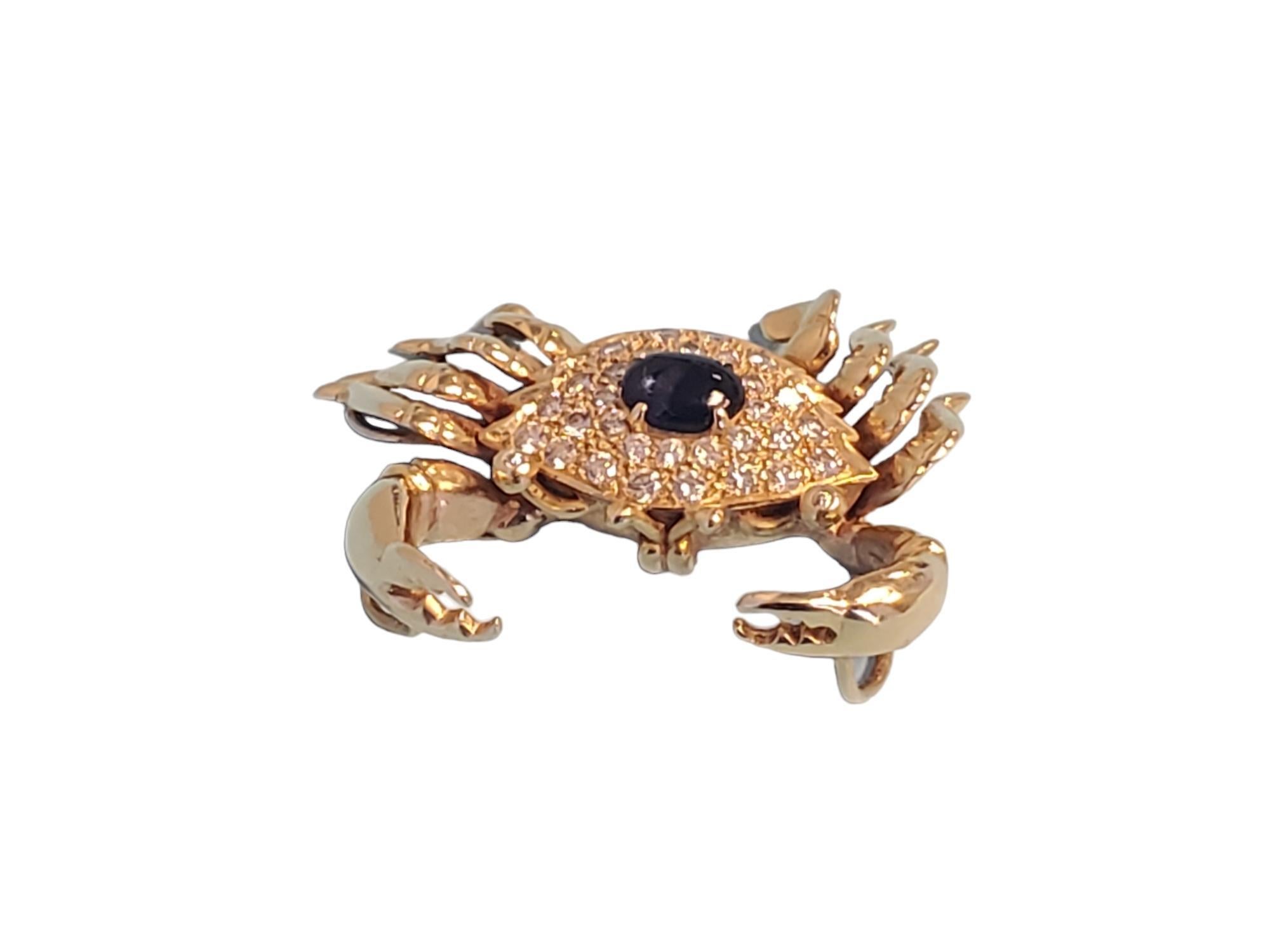 Brilliant Cut Vintage Crab Slide Pendant 14k Yellow Gold Diamonds and Blue Sapphire Cabochon For Sale