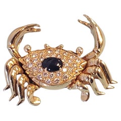 Vintage Crab Slide Pendant 14k Yellow Gold Diamonds and Blue Sapphire Cabochon