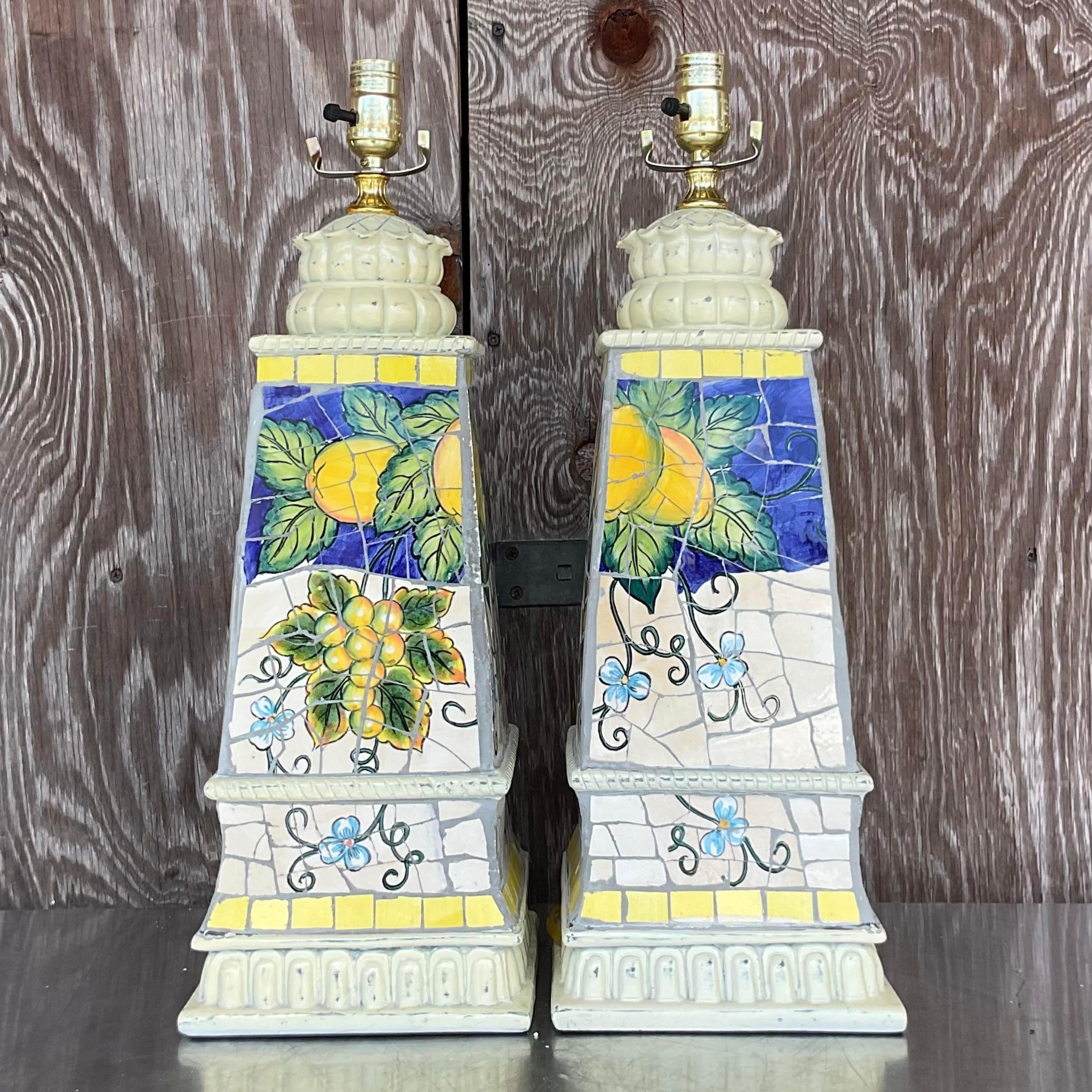 A beautiful pair of vintage cracked tile lamps with a lemon design on them. Acquired at a Palm Beach estate.