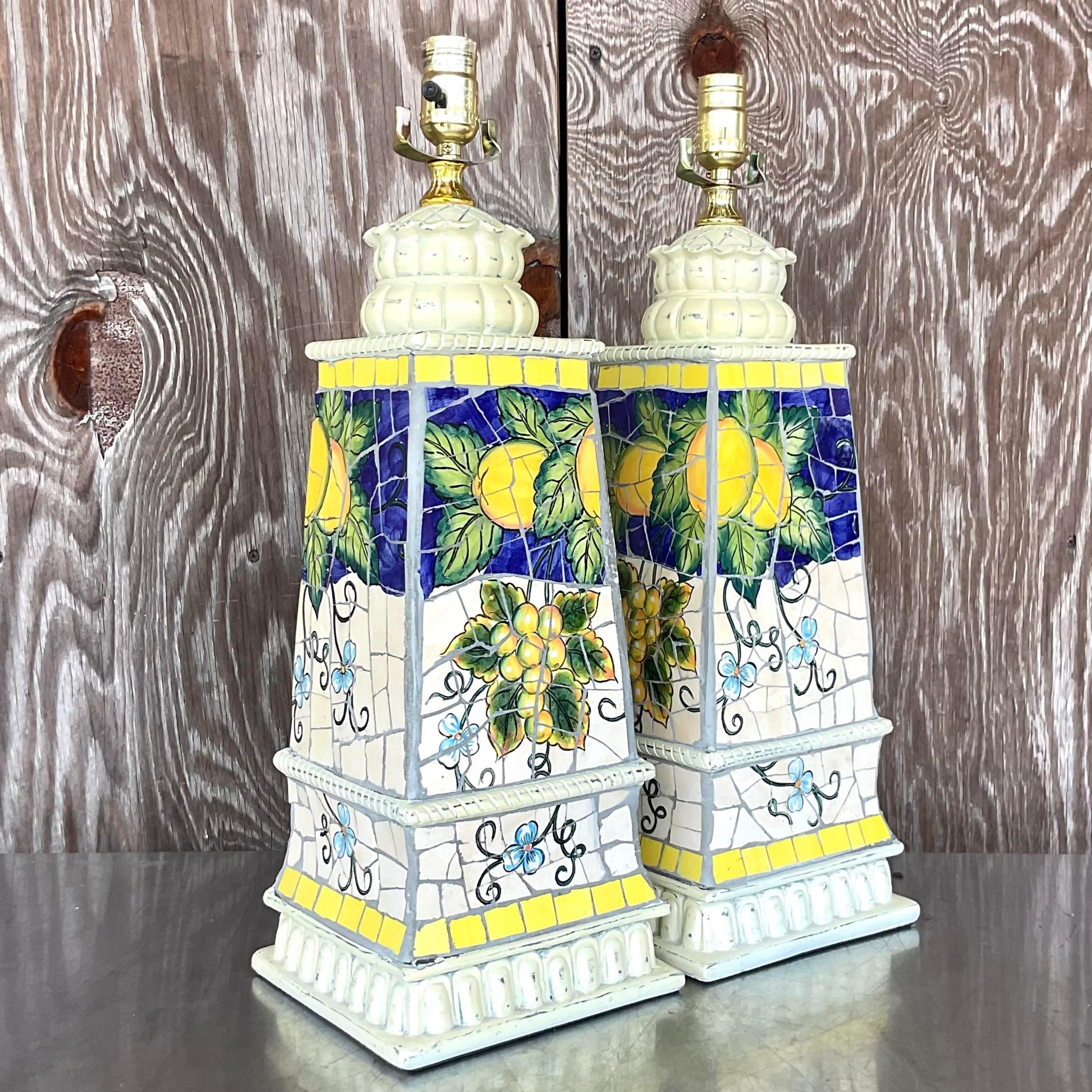 Vintage Cracked Tile Lemon Lamps- a Pair In Good Condition For Sale In west palm beach, FL