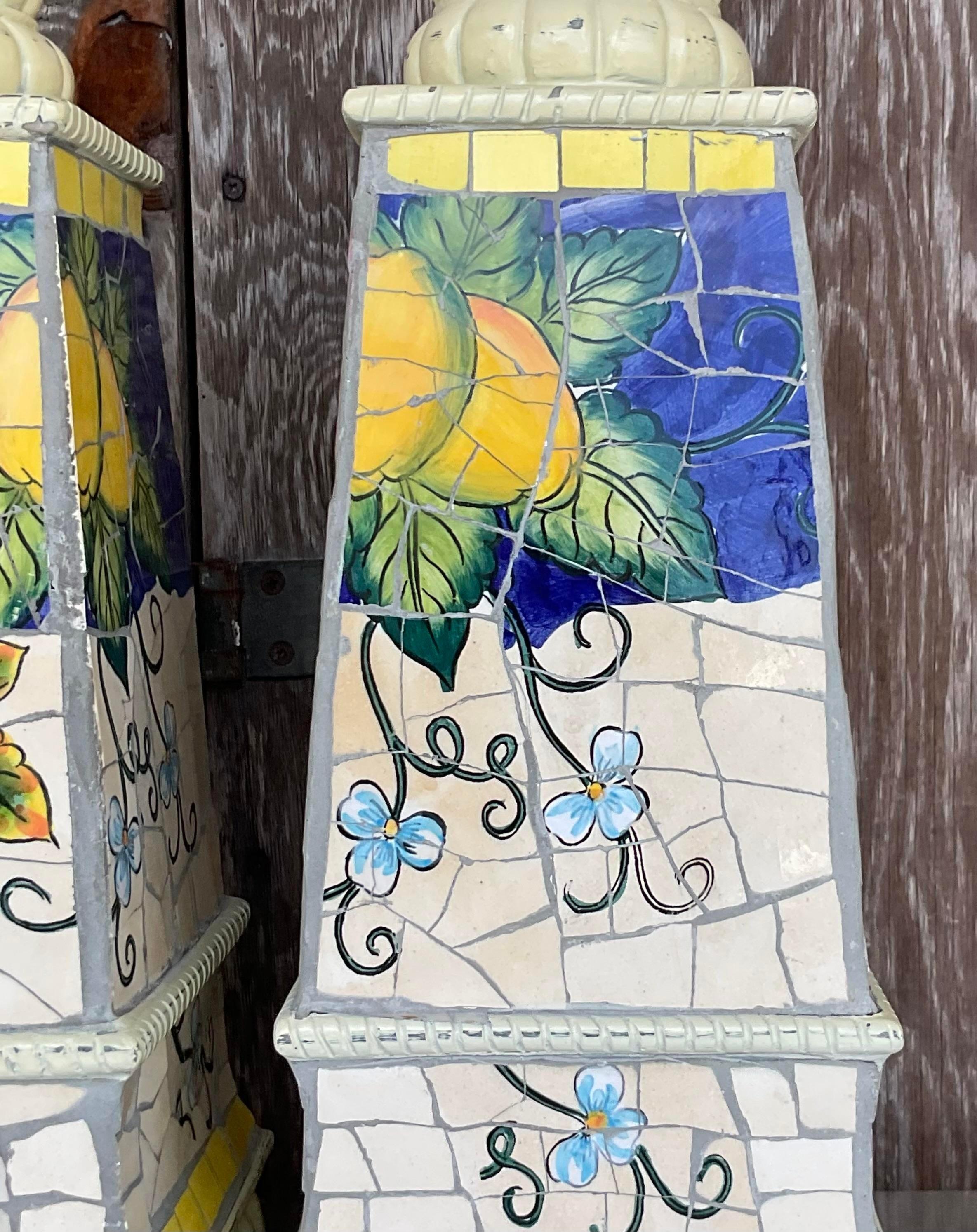 Vintage Cracked Tile Lemon Lamps- a Pair In Good Condition For Sale In west palm beach, FL