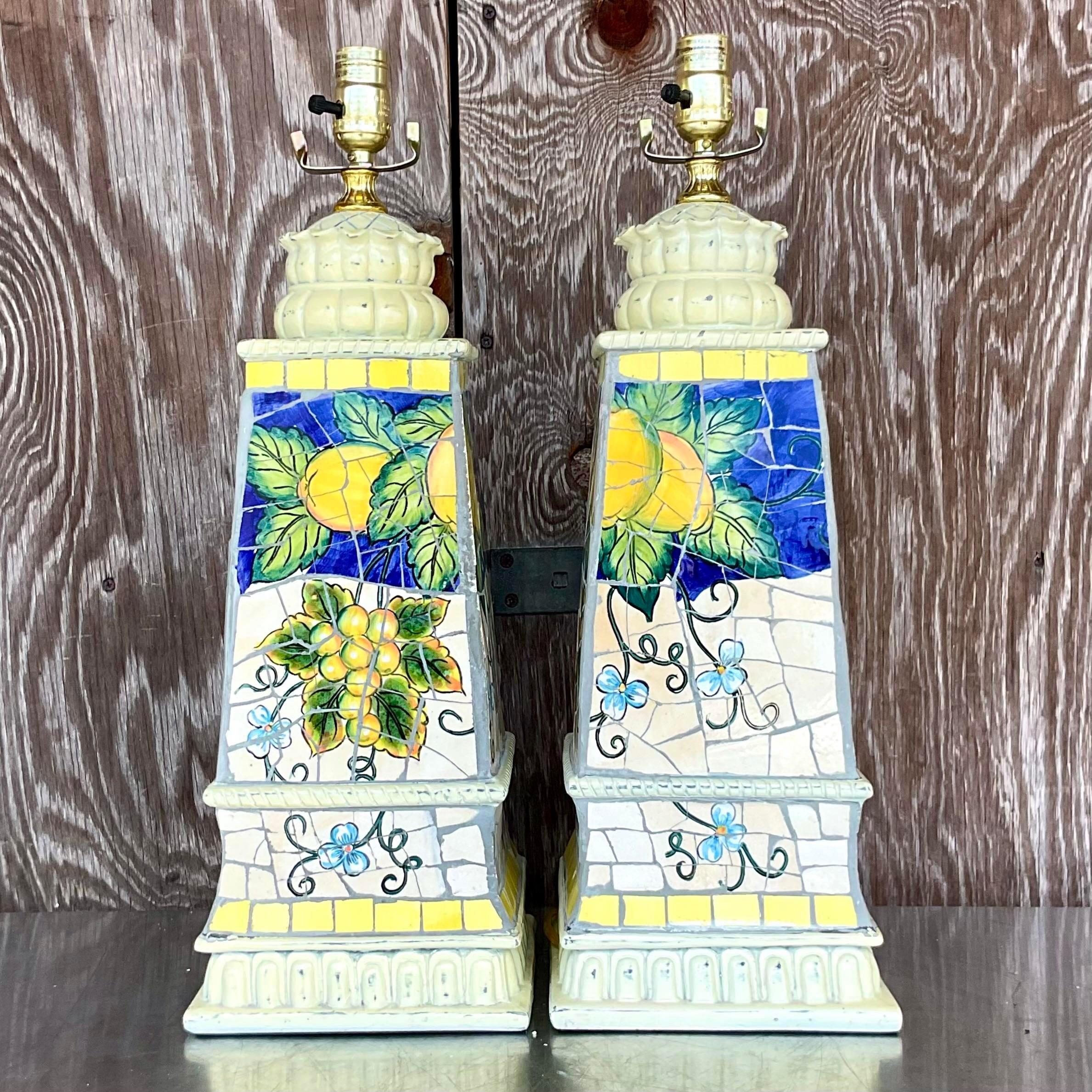 Ceramic Vintage Cracked Tile Lemon Lamps- a Pair For Sale