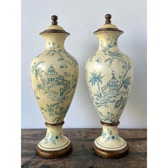 Vintage Crackle Finish Blue Willow Urns - A Pair