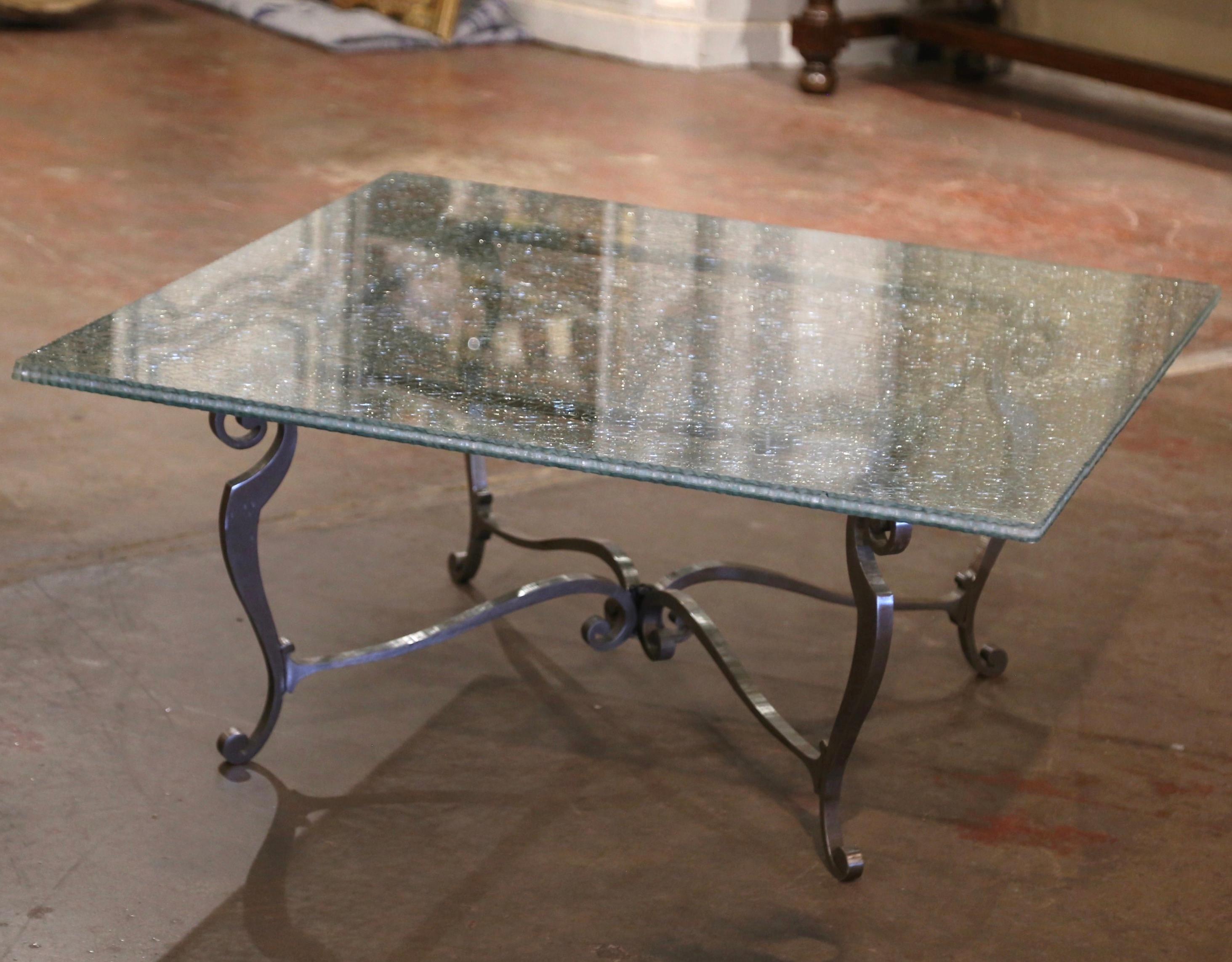 American Vintage Crackle Glass Coffee Table on Polished Iron Base For Sale