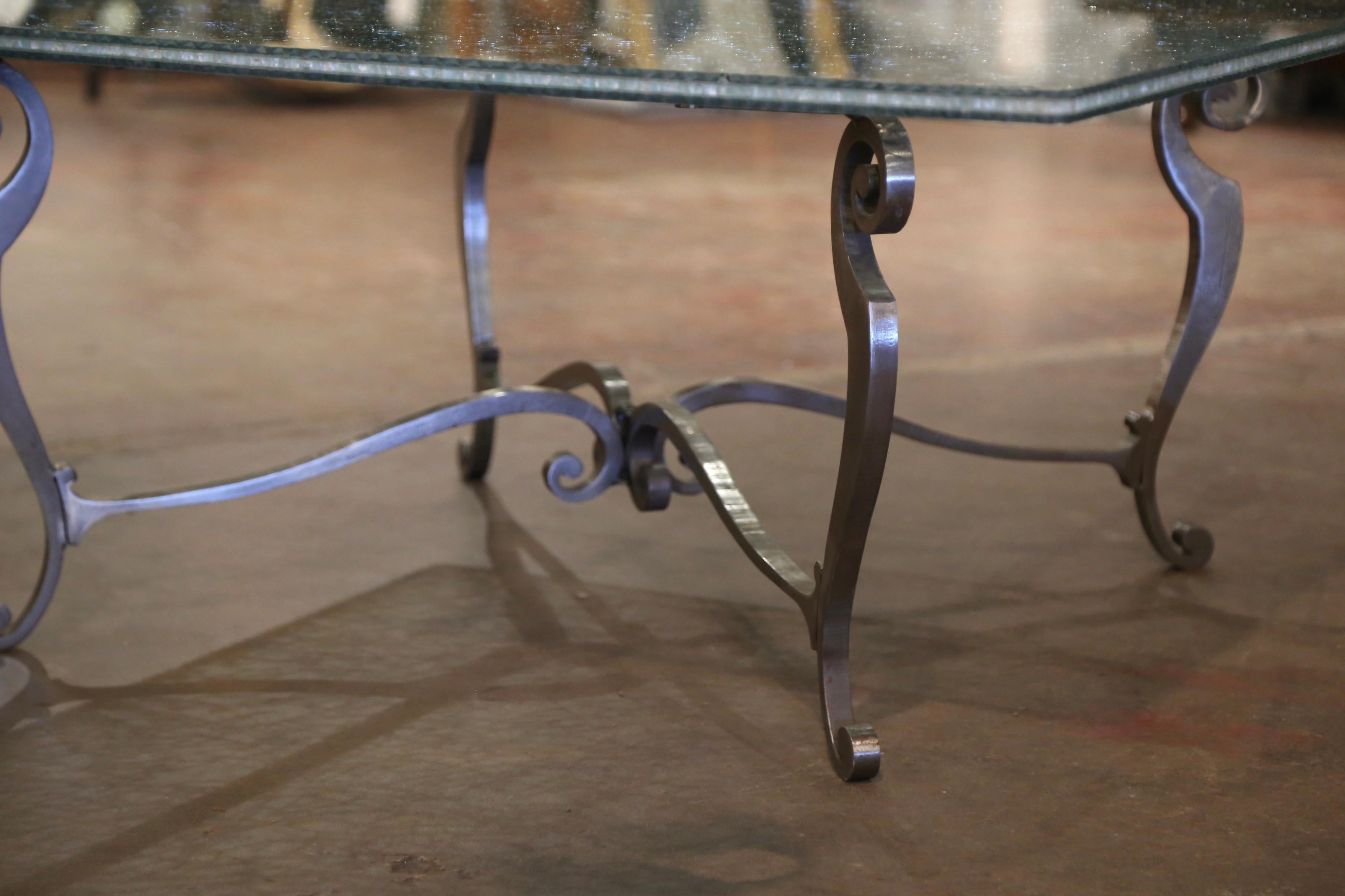 Forged Vintage Crackle Glass Coffee Table on Polished Iron Base For Sale