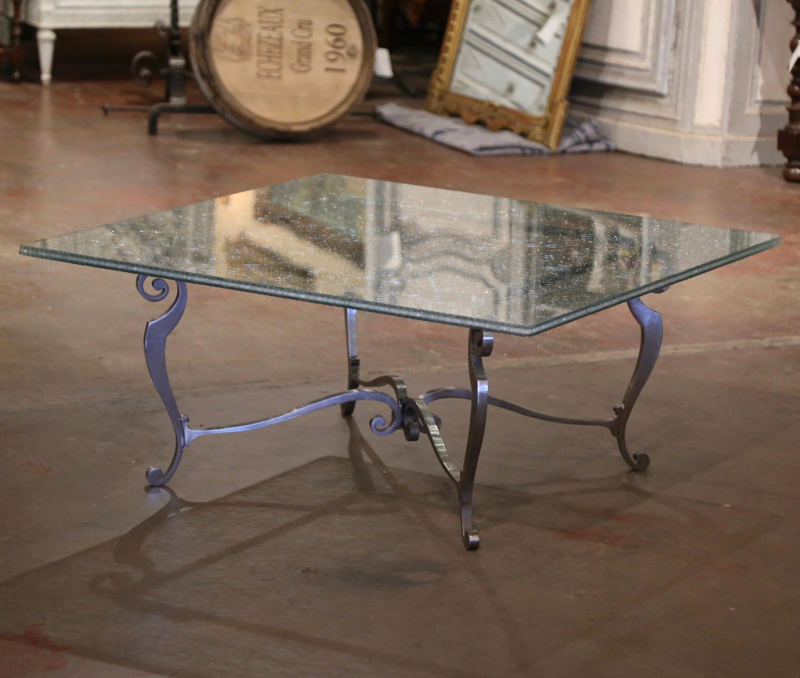 Vintage Crackle Glass Coffee Table on Polished Iron Base In Excellent Condition For Sale In Dallas, TX