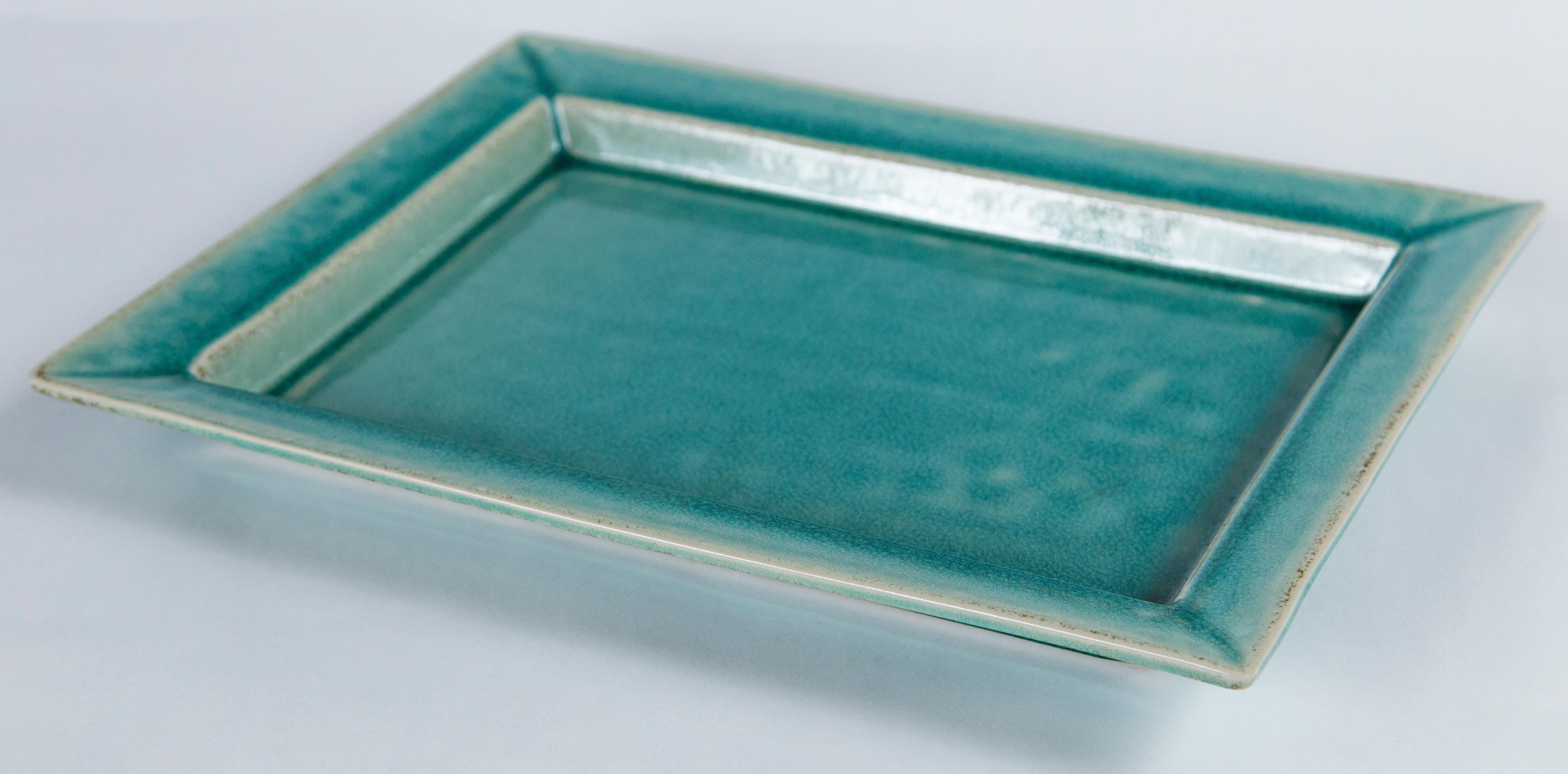 Vintage crackle-glaze ceramic tray, by Jars, France, mid-20th century. A signature beautiful turquoise blue crackle-glaze. Jars Ceramistes was founded in 1857 by Pierre Jars.