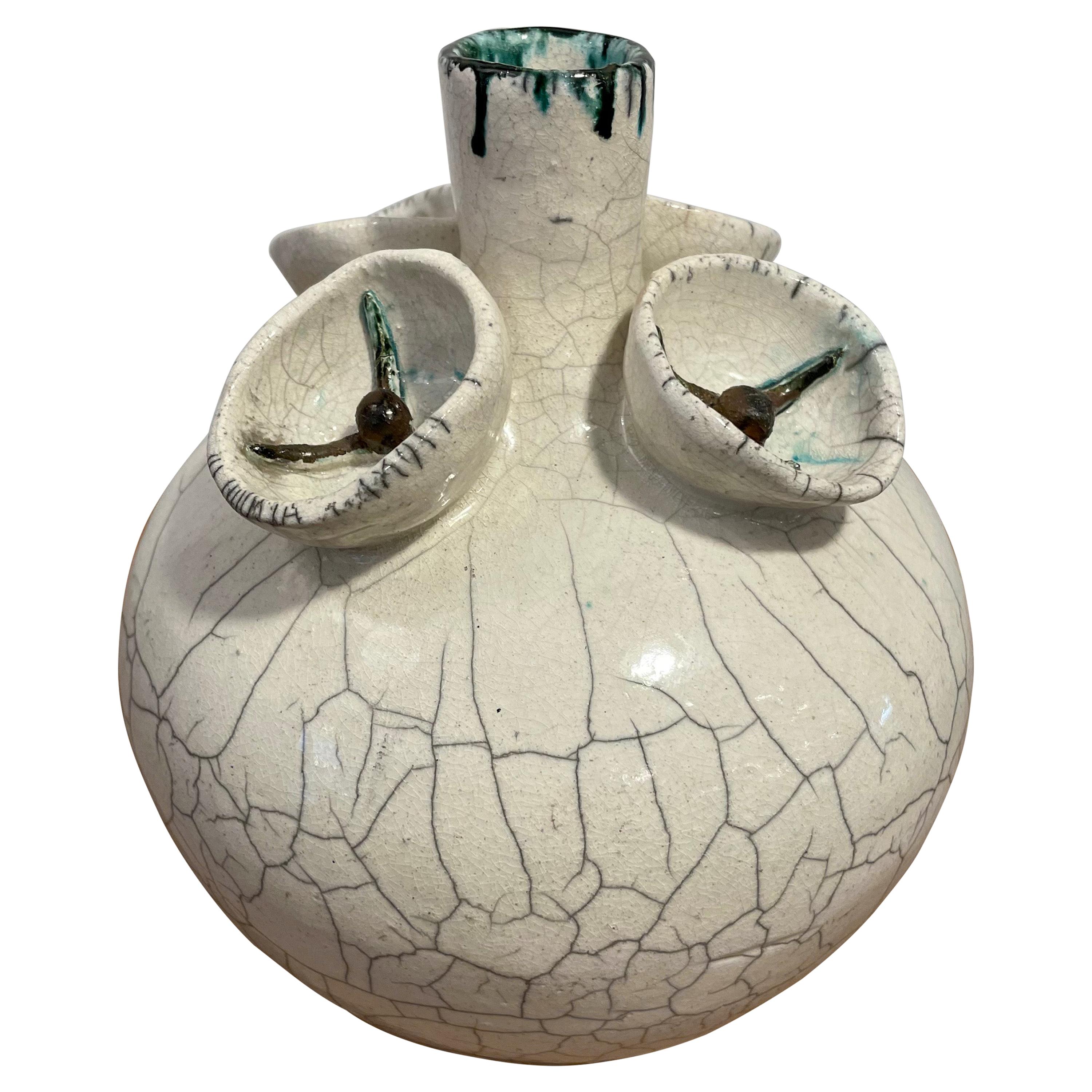 Vintage Crackled Style Ceramic Vase 'Signed' For Sale
