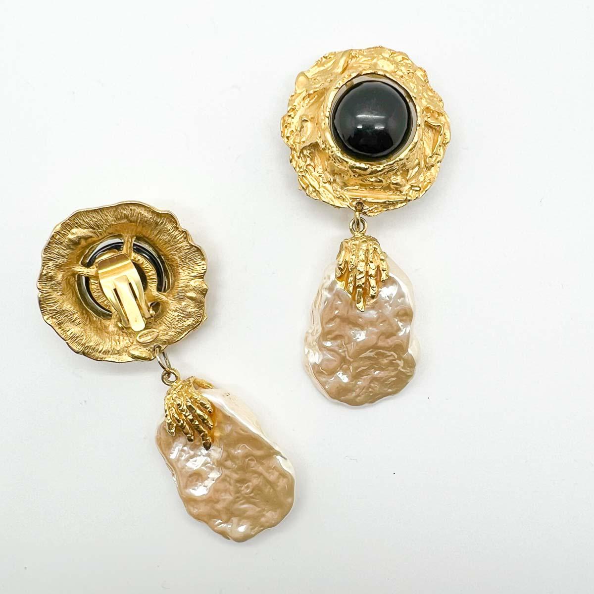 Vintage Craft Black Cabochon & Pearl Statement Earrings 1980s For Sale 1