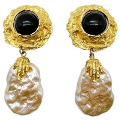 Boucles d'oreilles Craft vintage avec cabochon noir et perle 1980