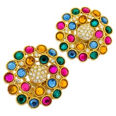 Vintage CRAFT gold colorful rhinestone clip on designer earrings