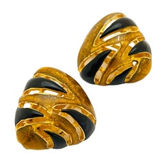 Vintage CRAFT gold enamel animal print clip on designer runway earrings
