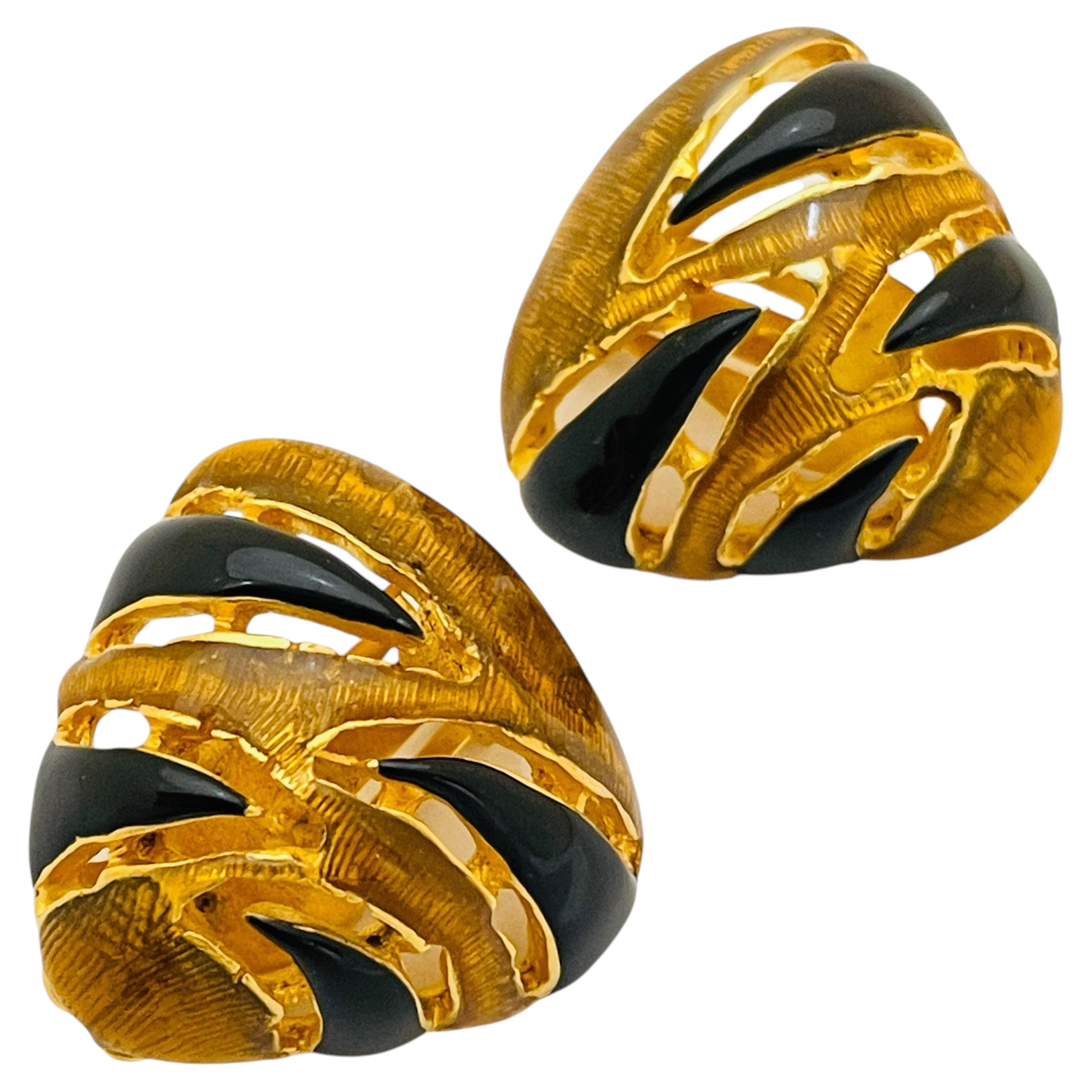 Vintage CRAFT gold enamel animal print clip on designer runway earrings