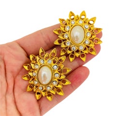 Vintage CRAFT enorme oro perla diamantes de imitación diseñador pasarela clip en pendientes