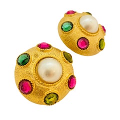 Vintage CRAFT enorme oro perla diamantes de imitación diseñador pasarela clip en pendientes