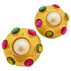 Vintage CRAFT huge gold pearl rhinestone designer runway clip on earrings