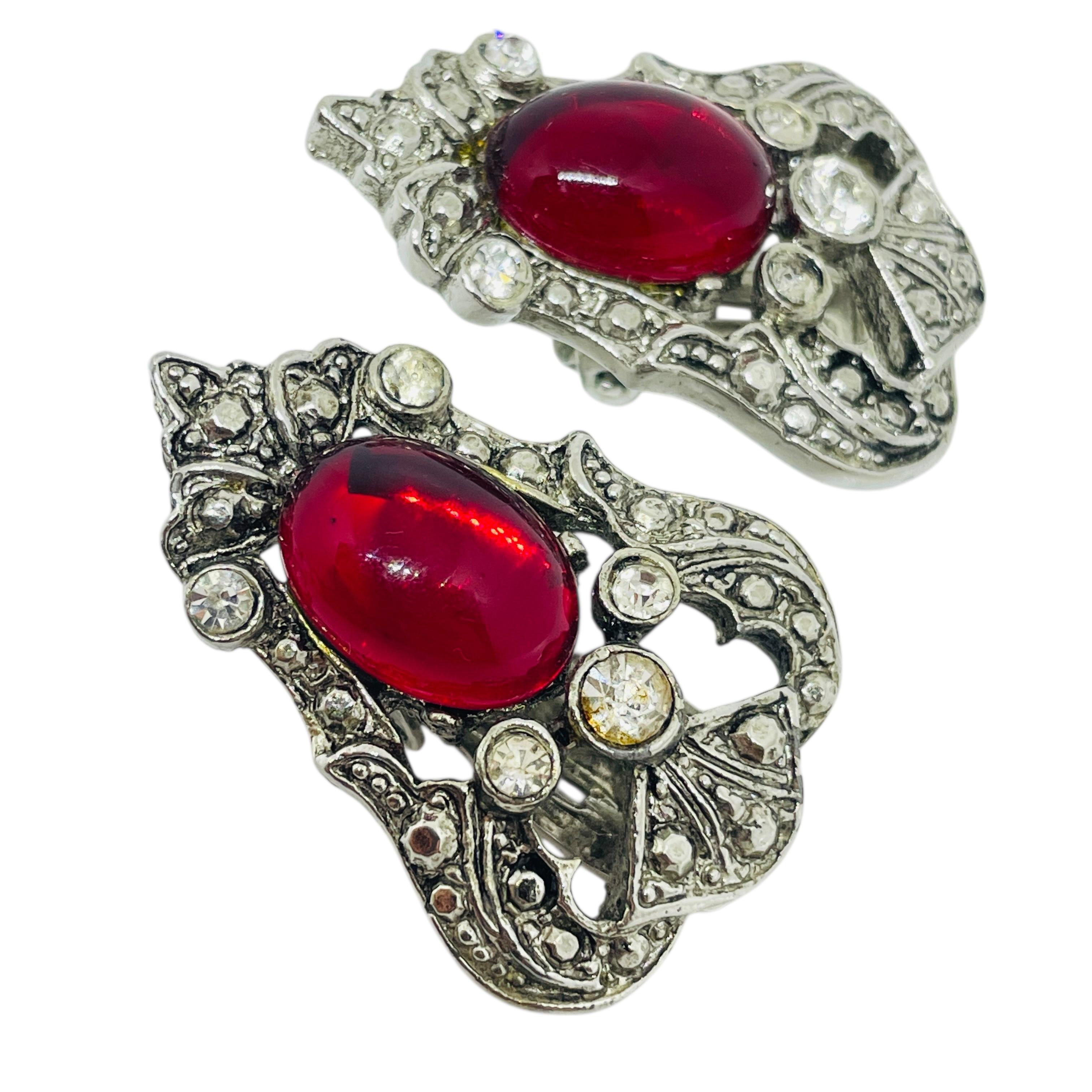 Vintage CRAFT signiert Silber Ton Rubin rot Glas Clip auf Ohrringe im Angebot 1