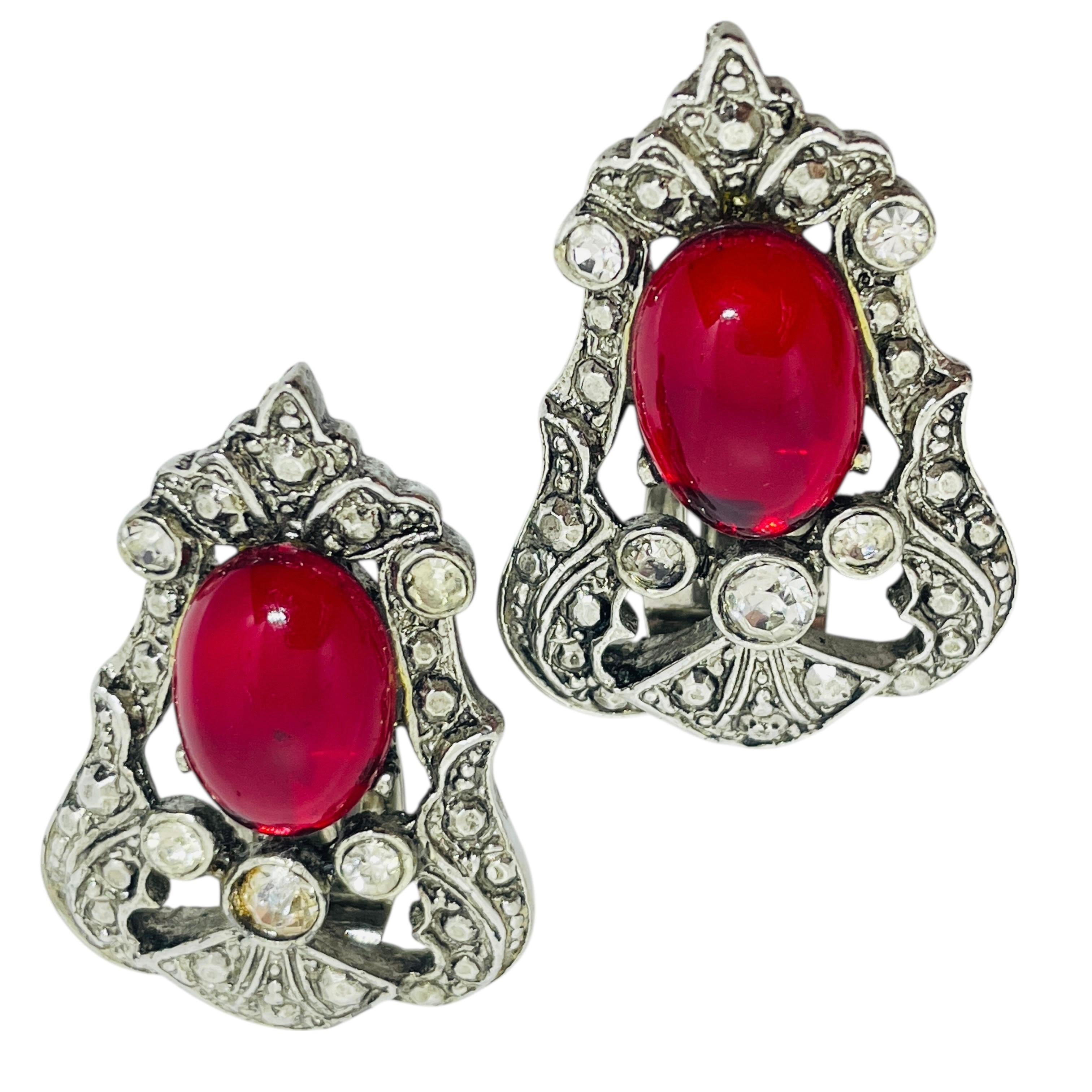 Vintage CRAFT signiert Silber Ton Rubin rot Glas Clip auf Ohrringe im Angebot 2