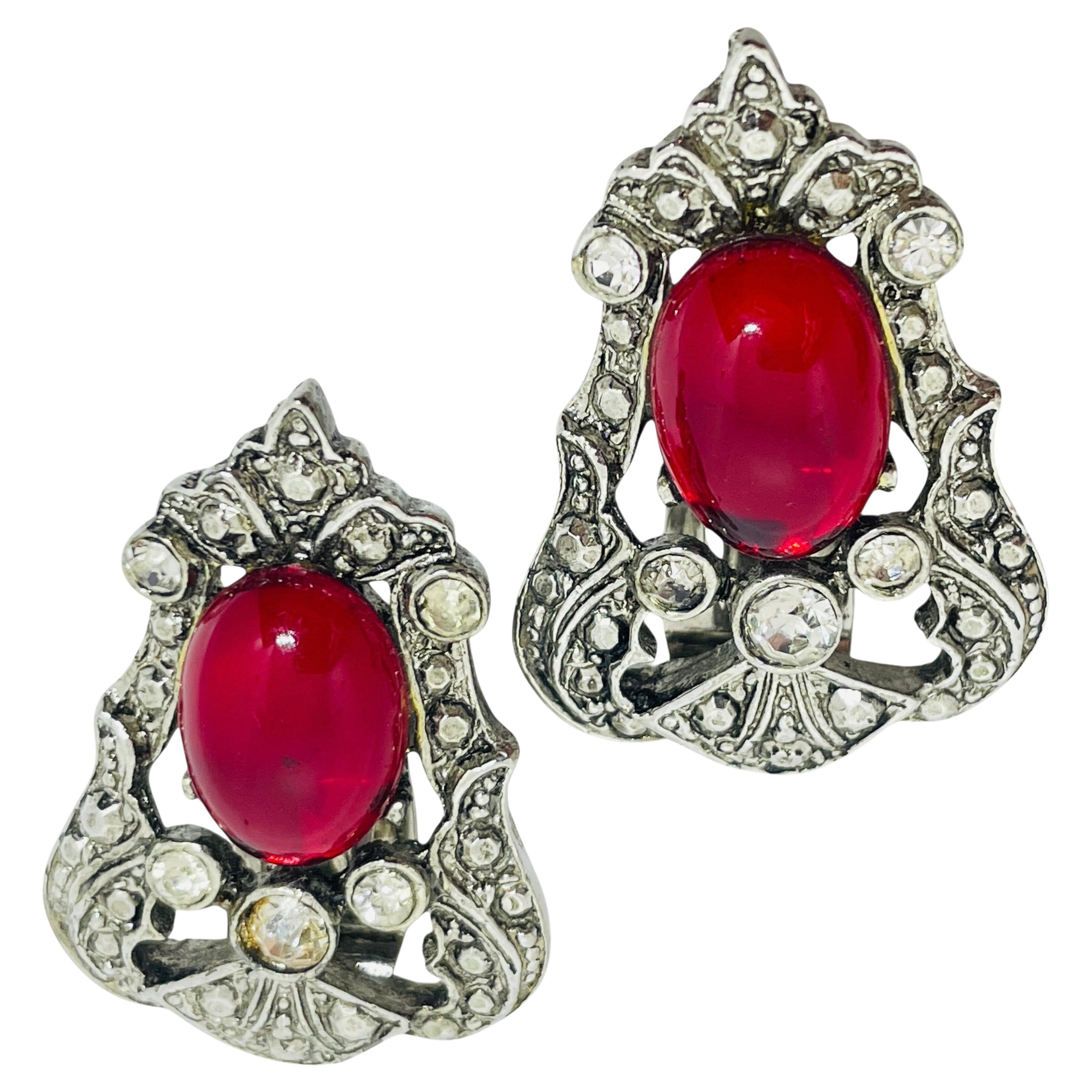 Vintage CRAFT signed silver tone ruby red glass clip on earrings
