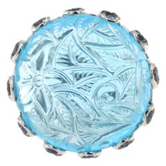 Vintage Crafted Blue Topaz Diamond Sapphire Cocktail Ring in 18K White Gold