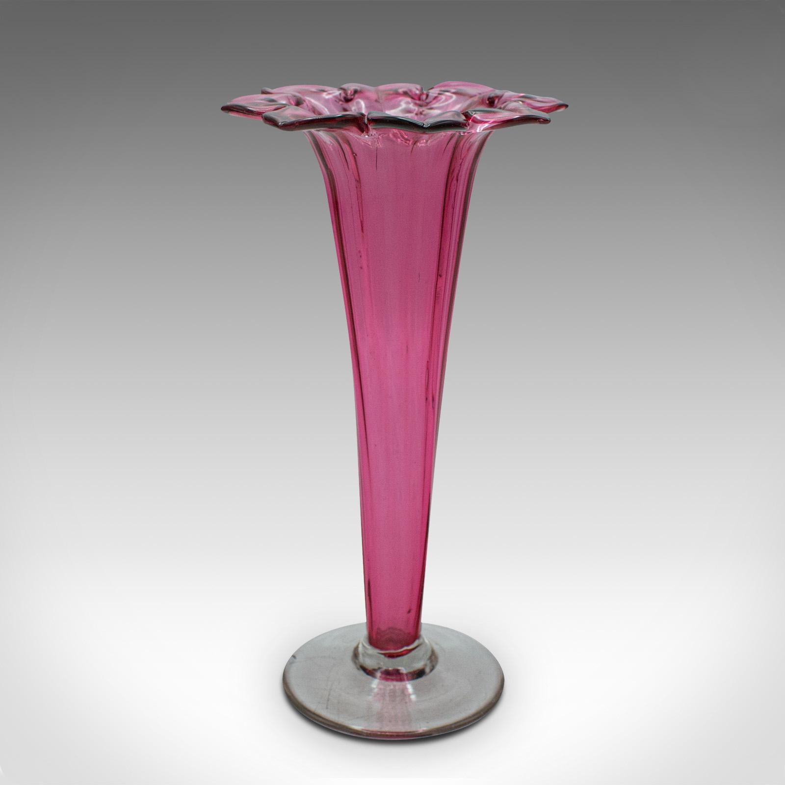 British Vintage Cranberry Glass Stem Vase Set, English, Decorative, Flower Slip, Jug For Sale