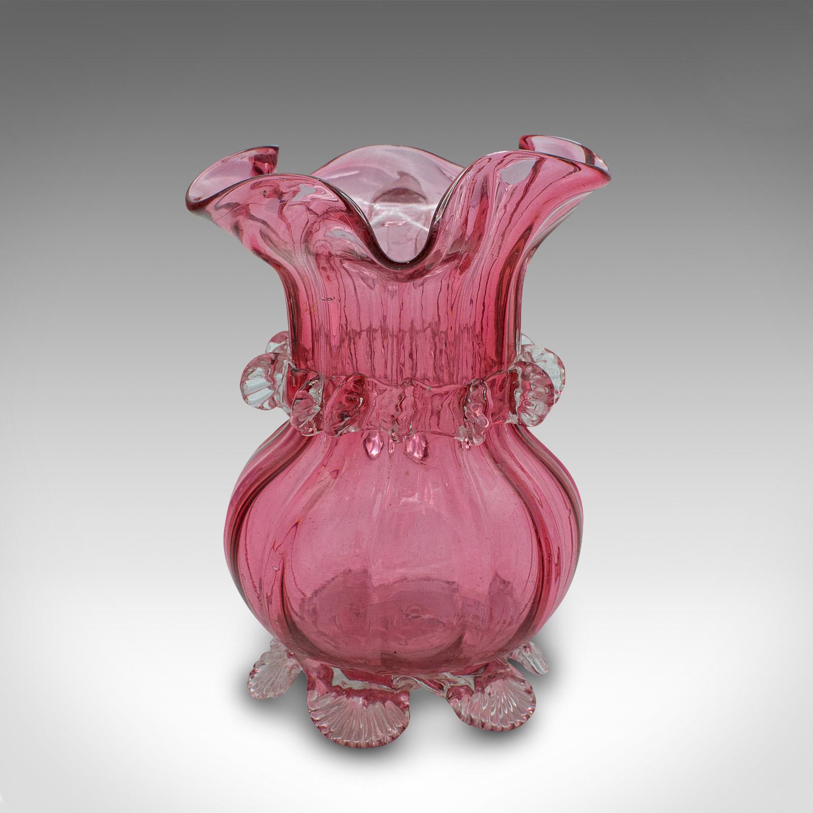 Vintage Cranberry Glass Stem Vase Set, English, Decorative, Flower Slip, Jug For Sale 1