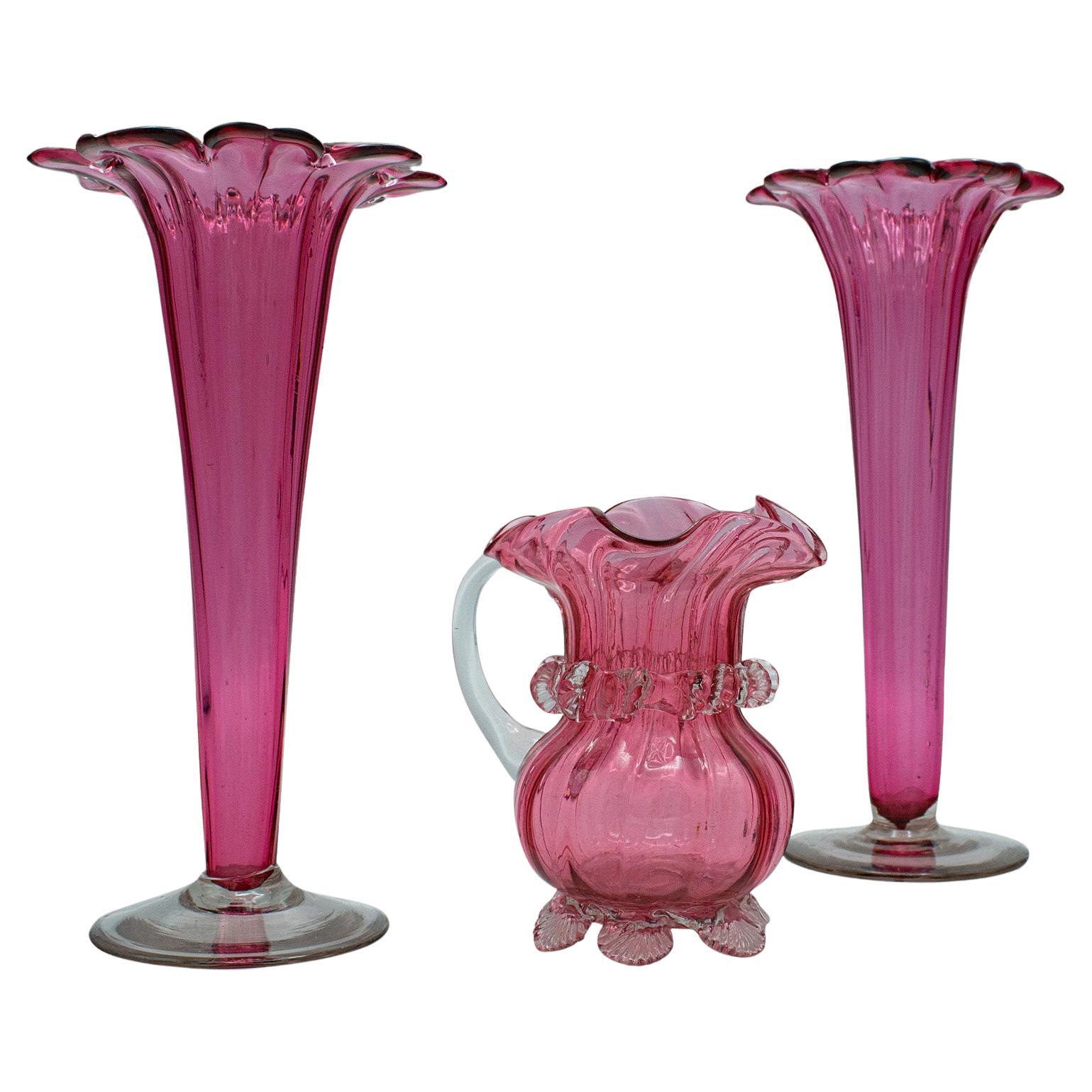 Vintage Cranberry Glass Stem Vase Set, English, Decorative, Flower Slip, Jug For Sale
