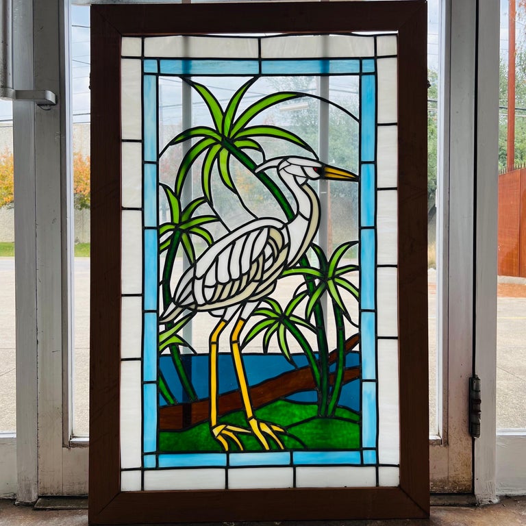 Vintage Crane Stained Glass Panel For Sale at 1stDibs