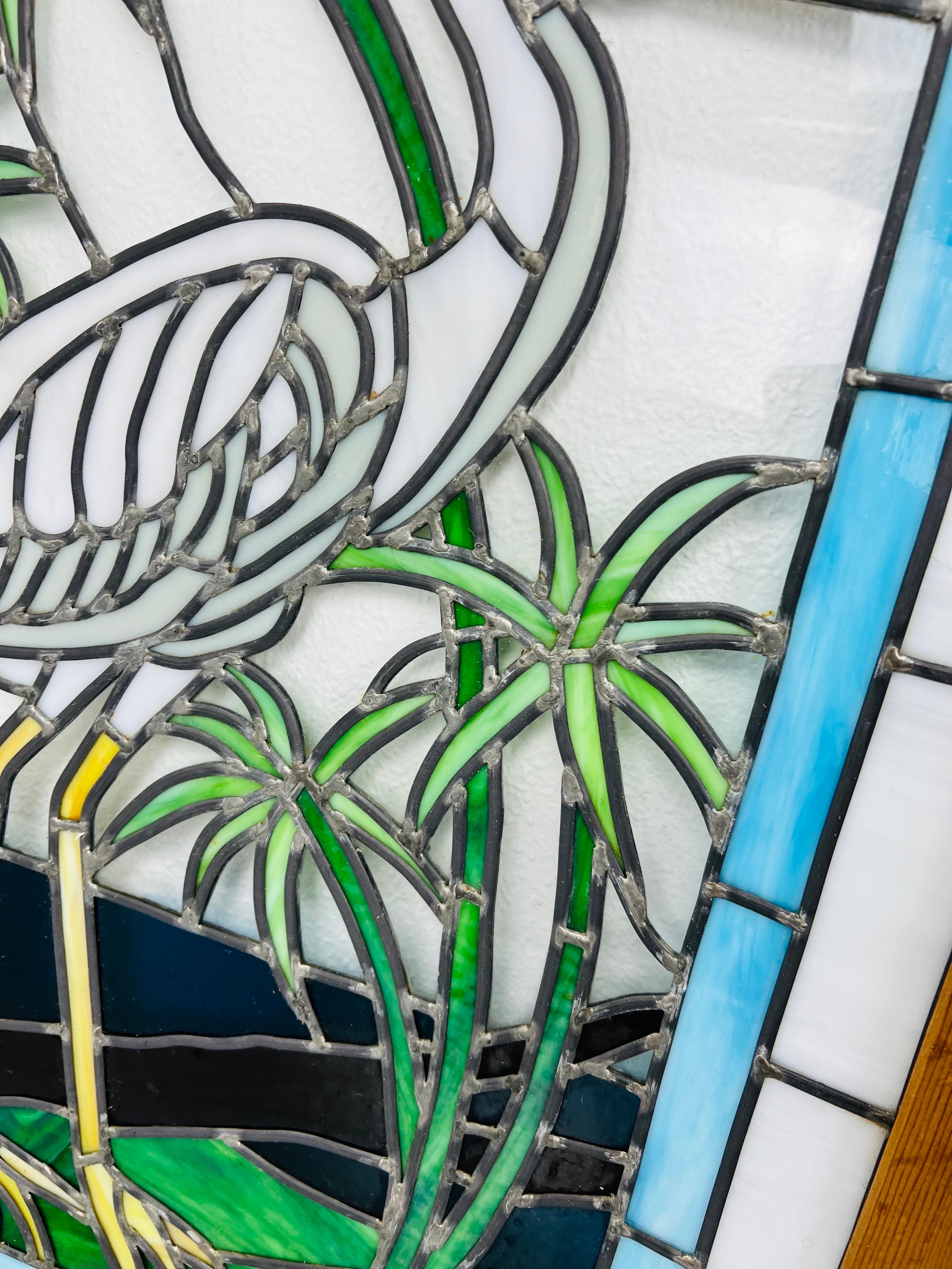 Folk Art Vintage Crane Stained Glass Panel  For Sale