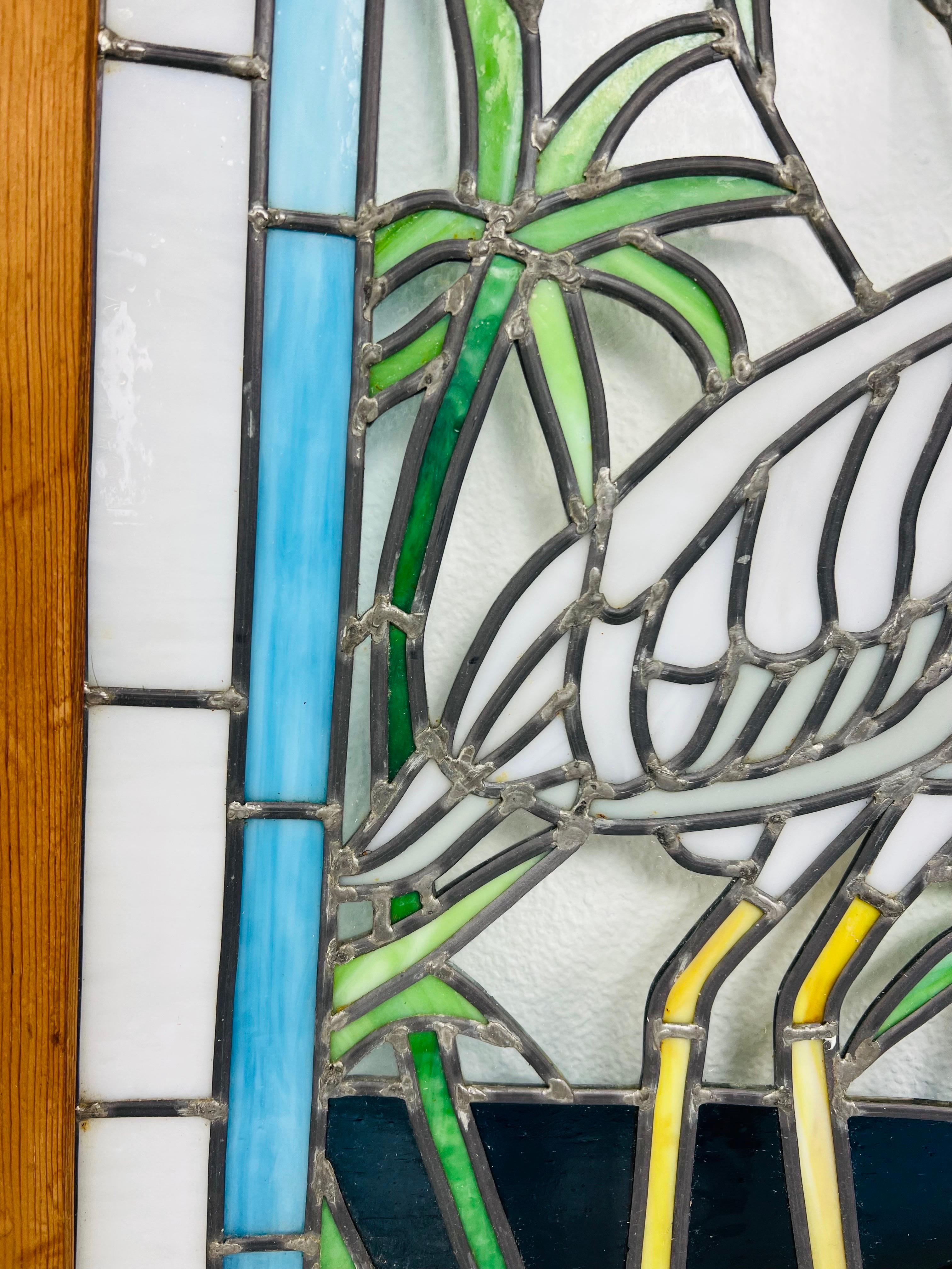 Vintage Crane Stained Glass Panel  In Good Condition For Sale In Dallas, TX