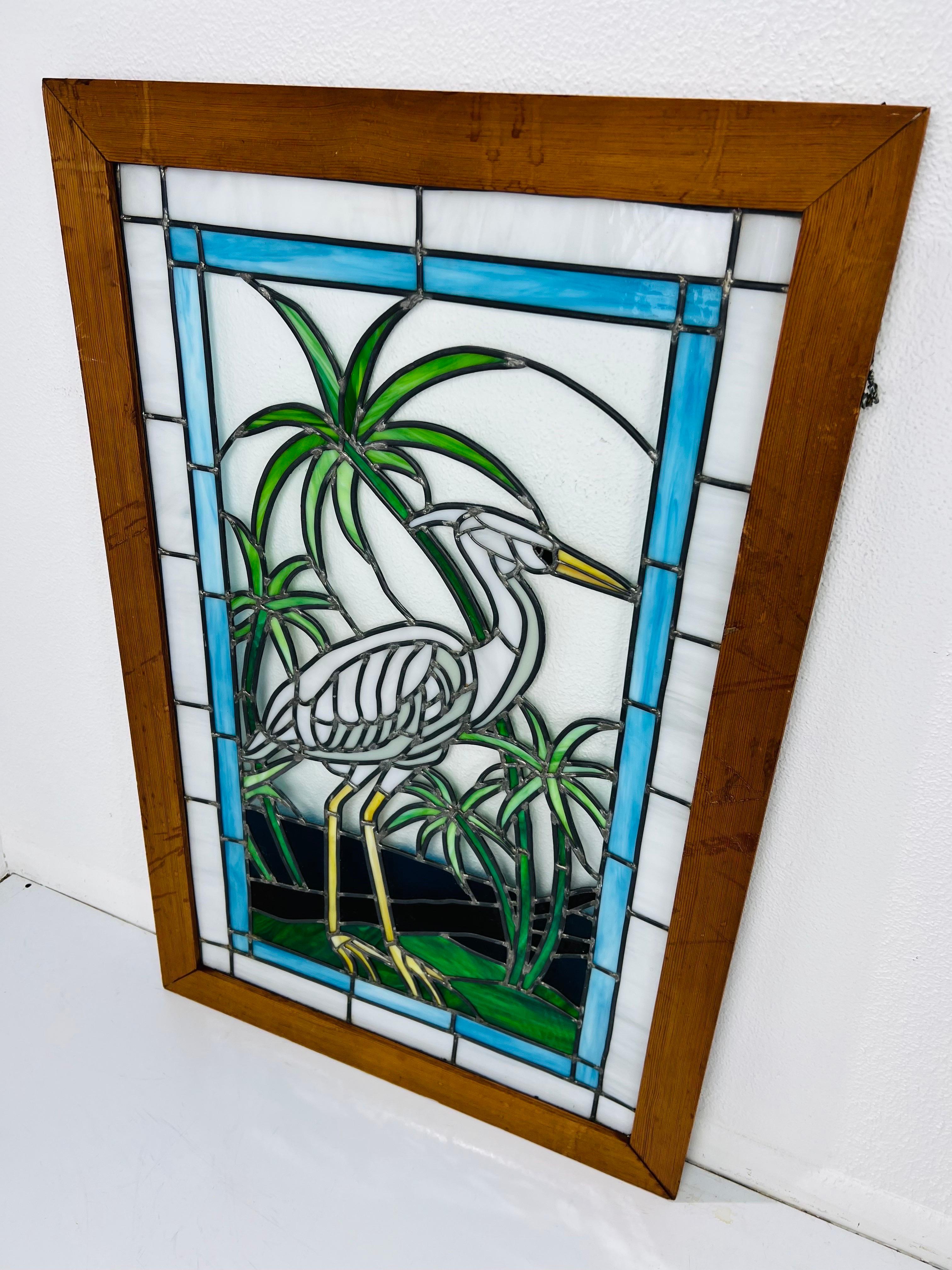Late 20th Century Vintage Crane Stained Glass Panel  For Sale