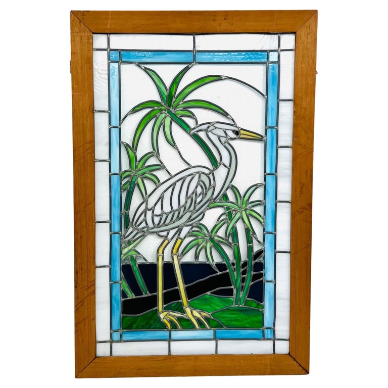 Vintage Crane Stained Glass Panel For Sale at 1stDibs