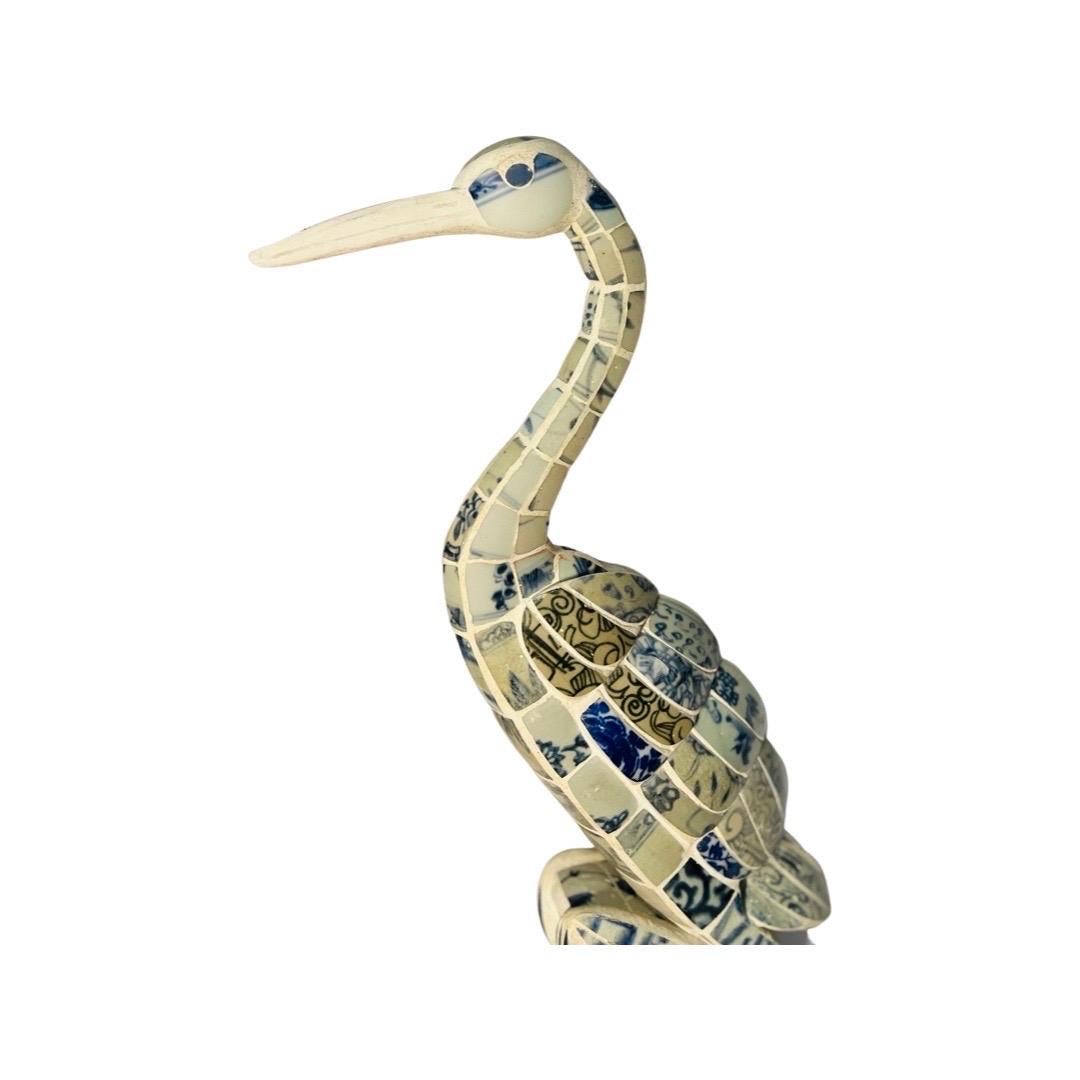 20th Century Vintage Crane Statue Constructed from Antique Delft Blue & White Fragments For Sale
