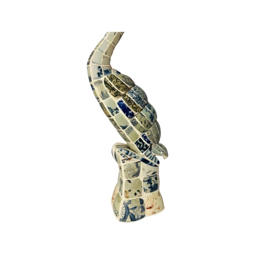 Ceramic Vintage Crane Statue Constructed from Antique Delft Blue & White Fragments For Sale