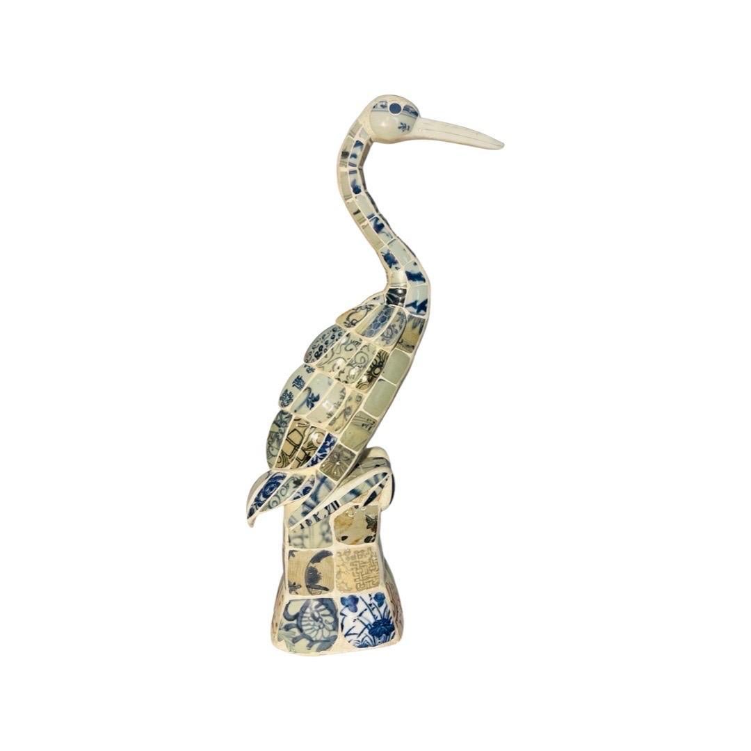 Vintage Crane Statue Constructed from Antique Delft Blue & White Fragments For Sale 3