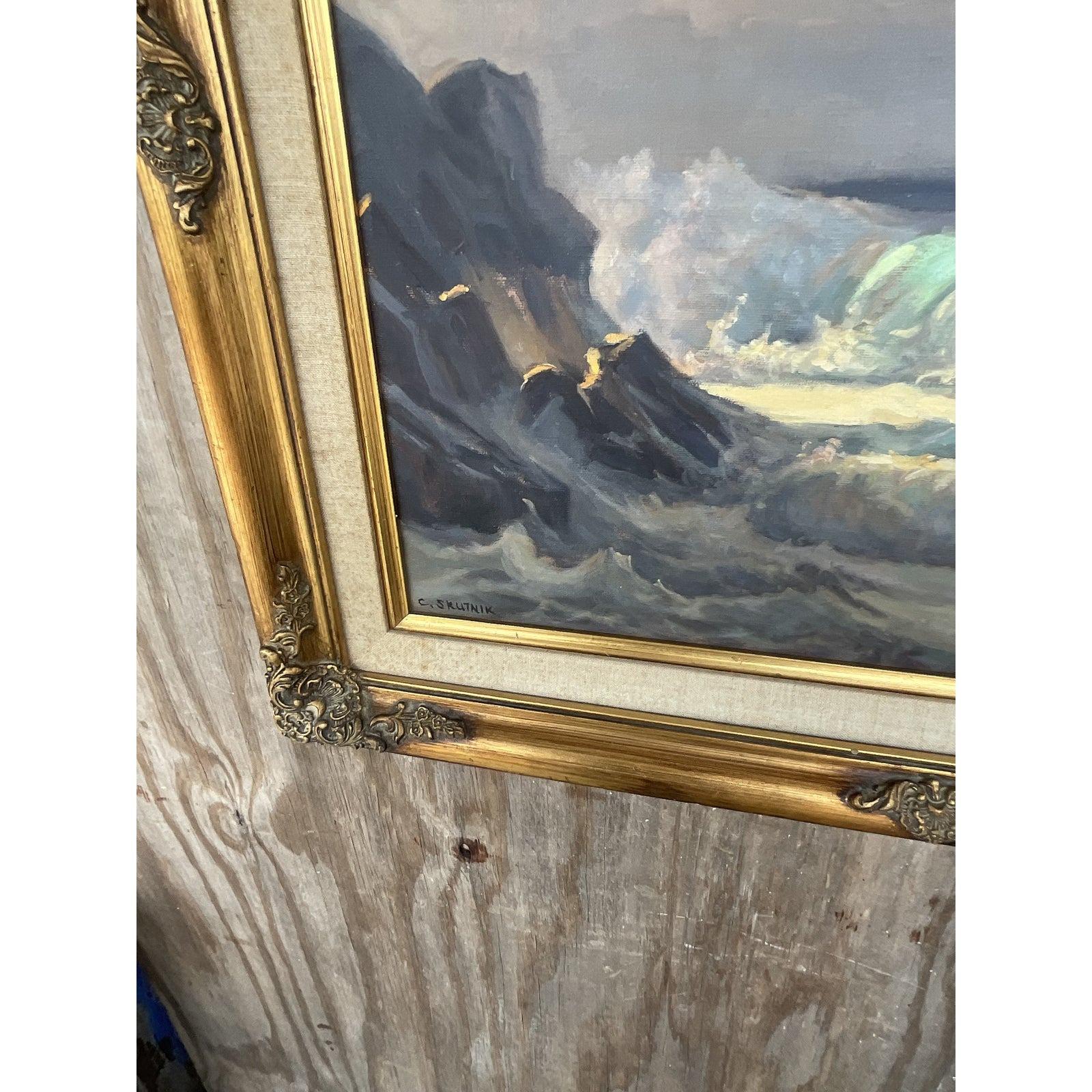A gorgeous vintage painting depicting a seascape, framed in gold frame by New Jersey artist Carol Skutnik. Acquired at a Palm Beach estate.