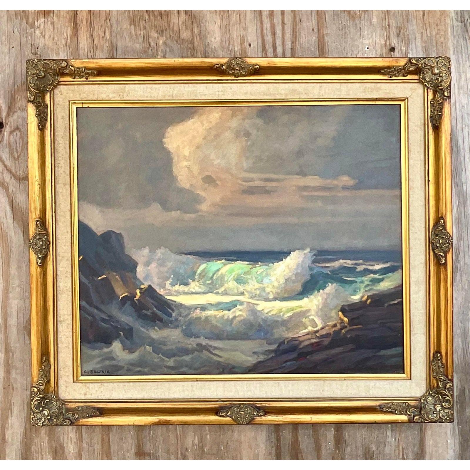 Early 20th Century Vintage Crashing Ocean Waves Painting by Carol Skutnik For Sale