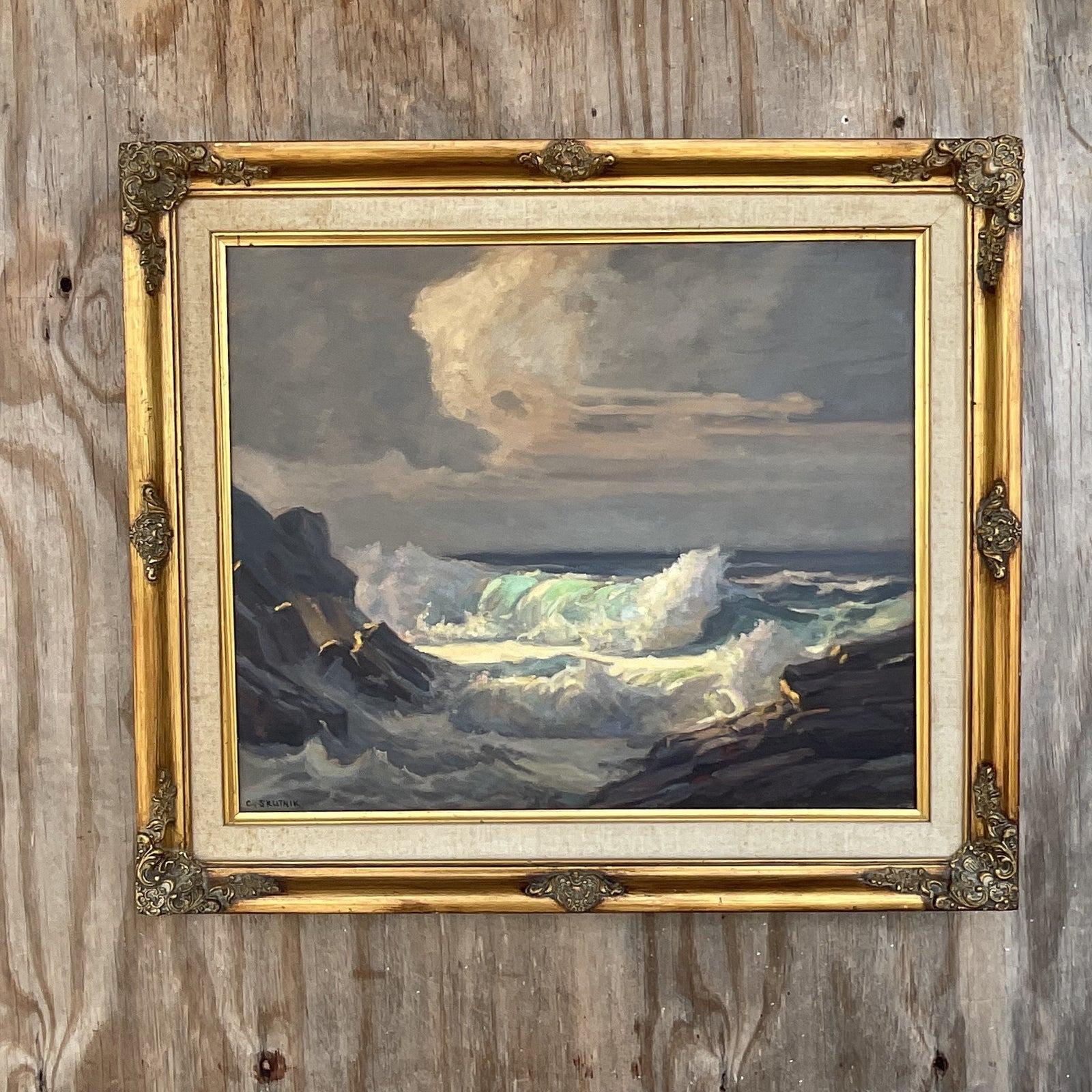 Vintage Crashing Ocean Waves Painting by Carol Skutnik For Sale 1