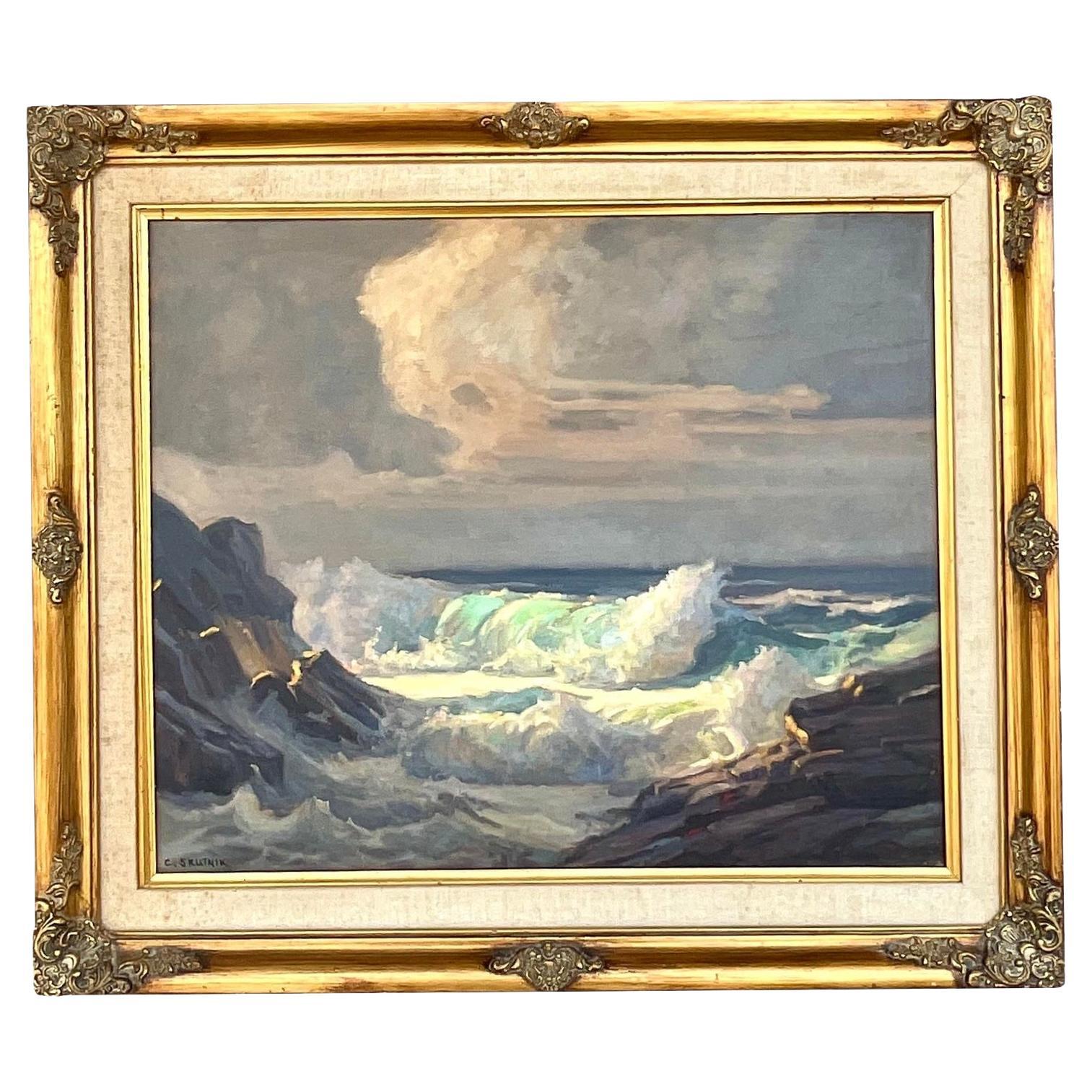 Vintage Crashing Ocean Waves Painting by Carol Skutnik