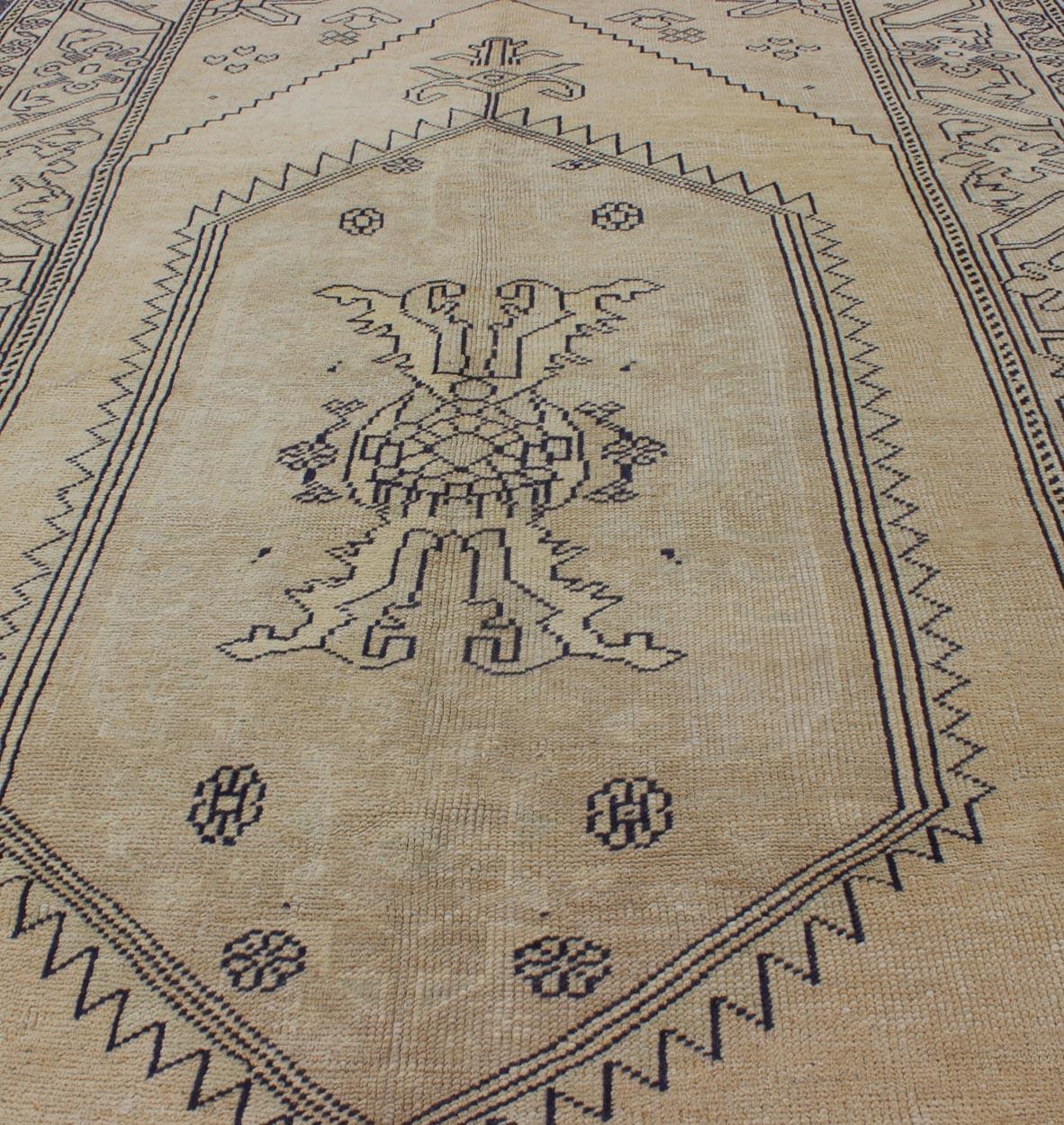 Vintage Light Colored Turkish Oushak Rug Cream, Yellow & Dark color Highlights For Sale 1