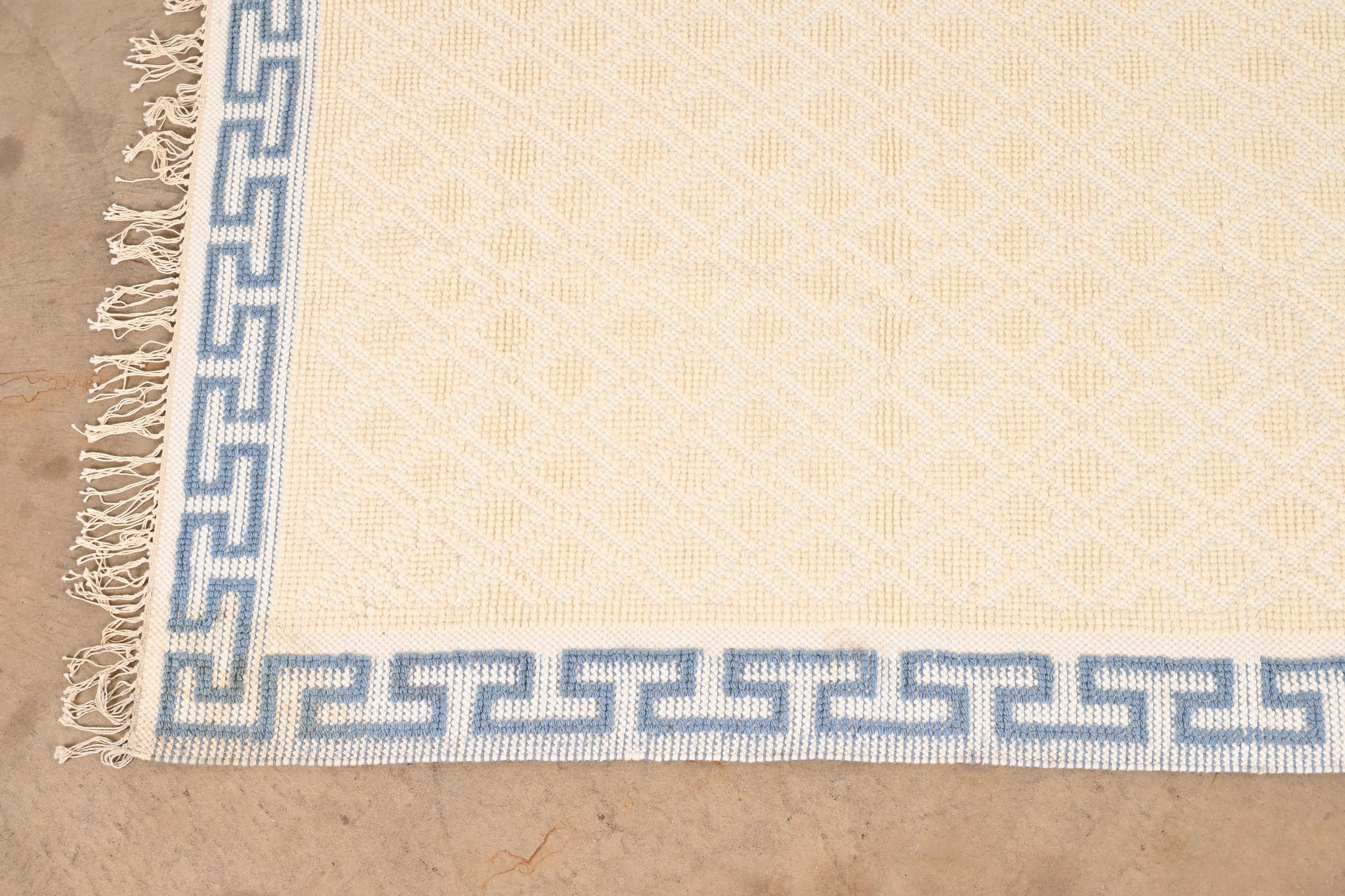 Greek Revival Vintage Cream and Light Blue Greek Key Border Rug