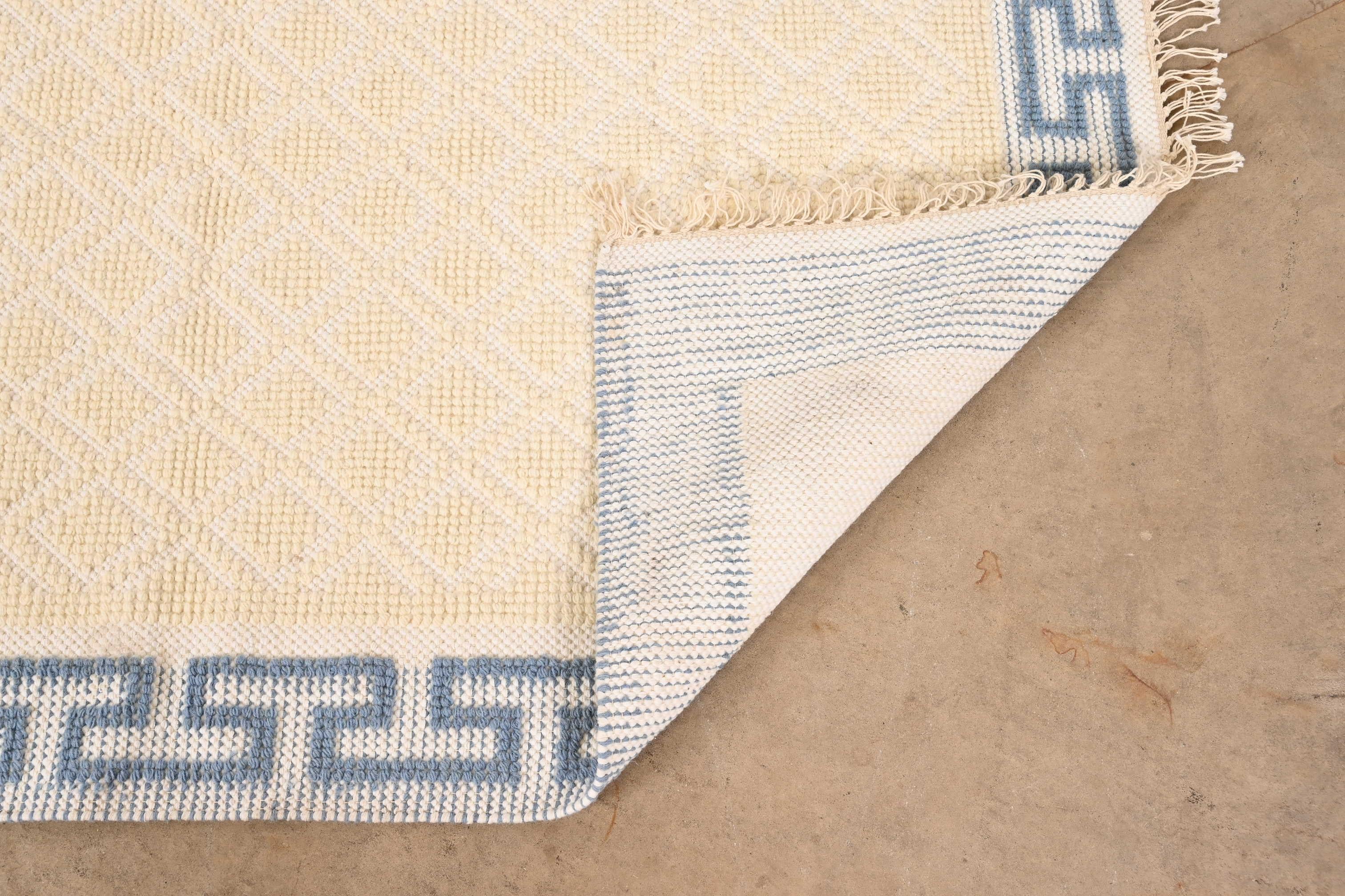 20th Century Vintage Cream and Light Blue Greek Key Border Rug