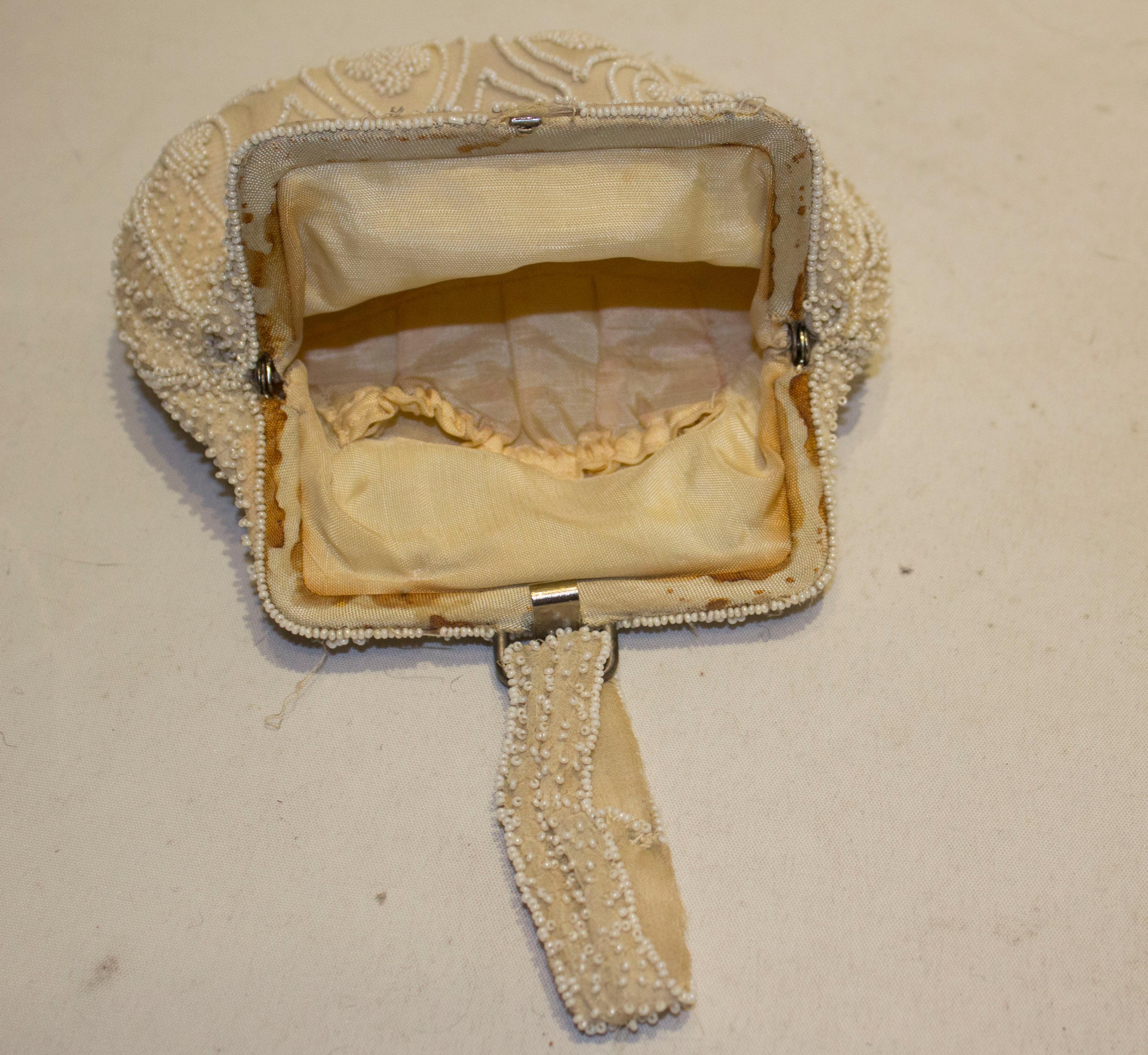 Brown Vintage Cream Beaded Purse